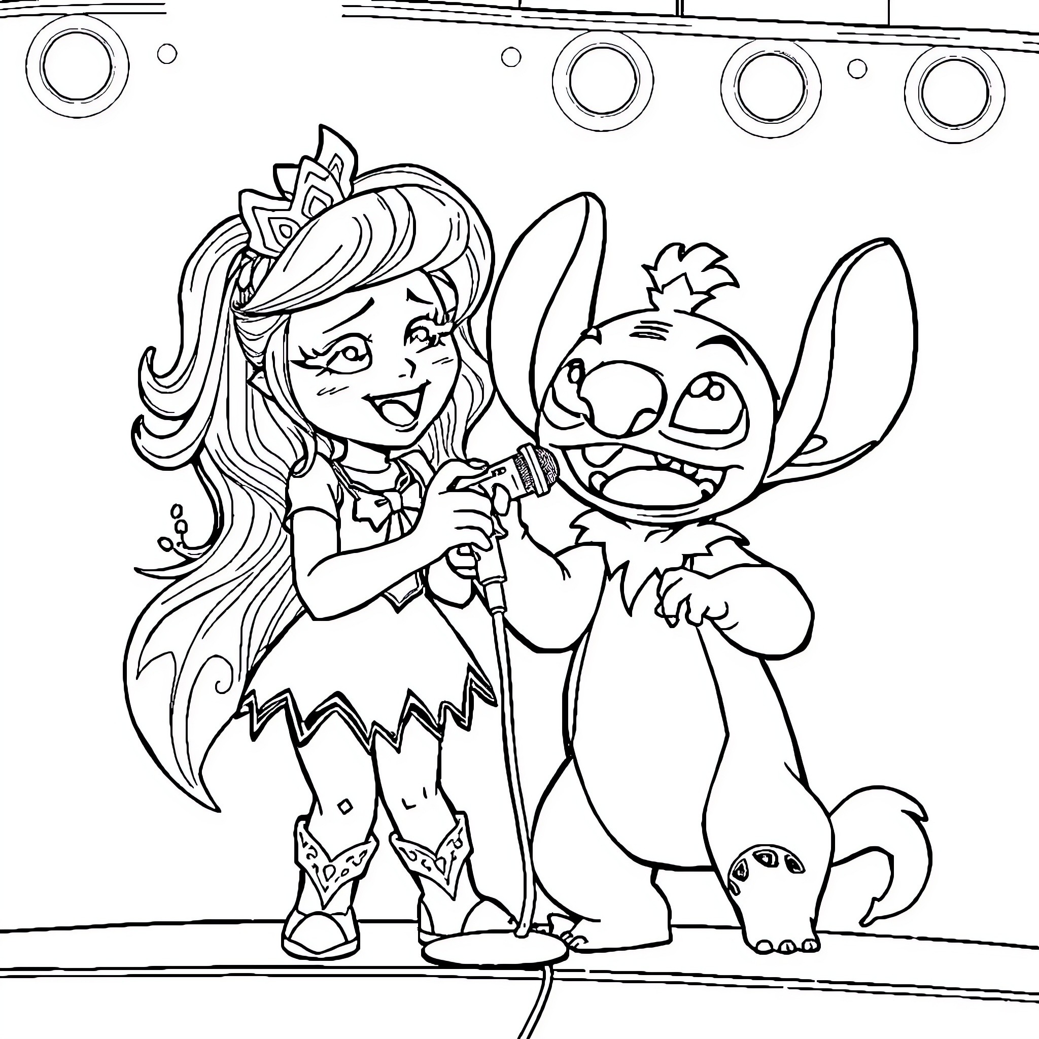 Mira's Whimsical Adventure with Stitch Coloring Page (free black-and-white line drawing printable PDF for all, from beginners to advanced learners, including children, teens, adults, and seniors)