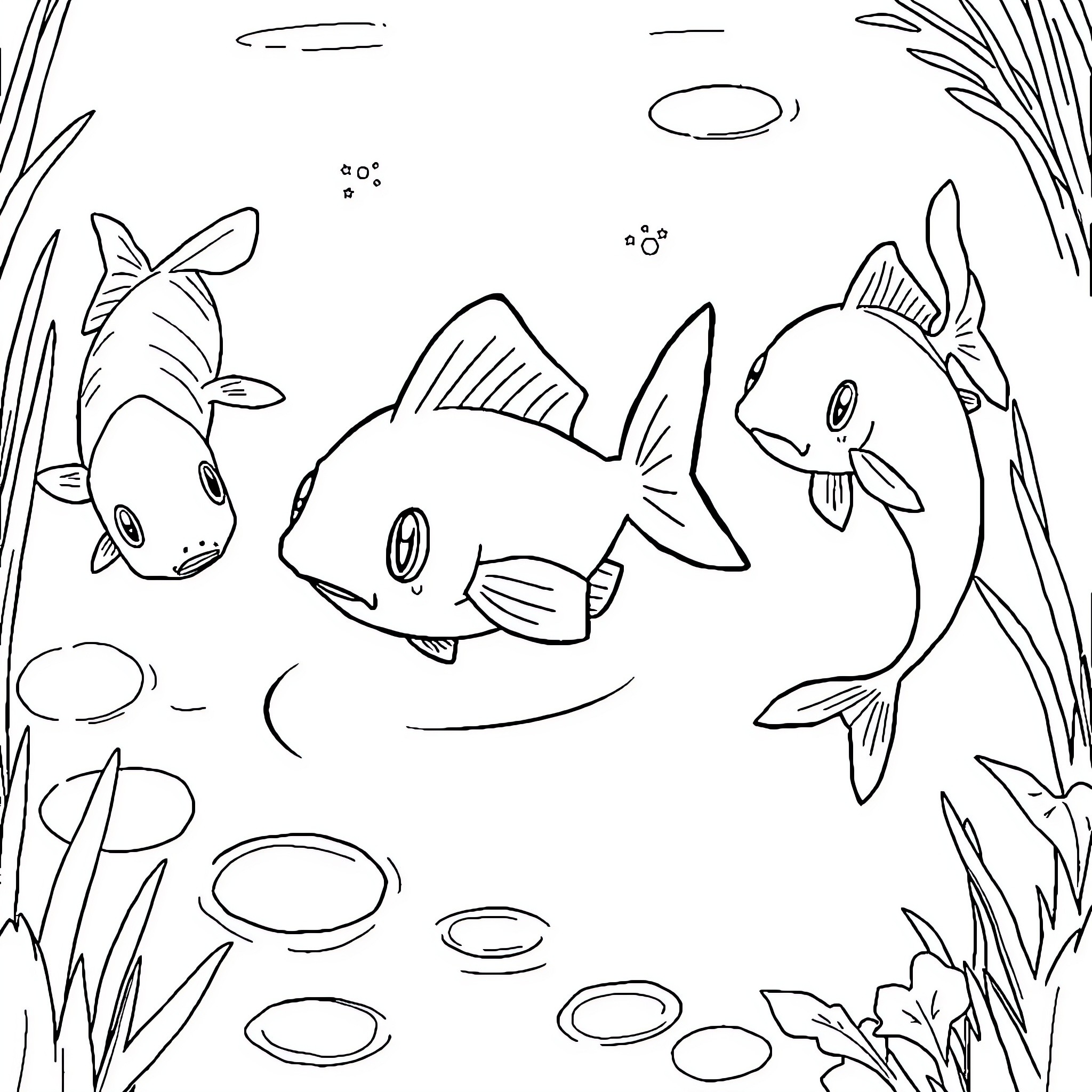 Ditto school of fish swimming in the sea Coloring Page (free black-and-white line drawing printable PDF for all, from beginners to advanced learners, including children, teens, adults, and seniors)