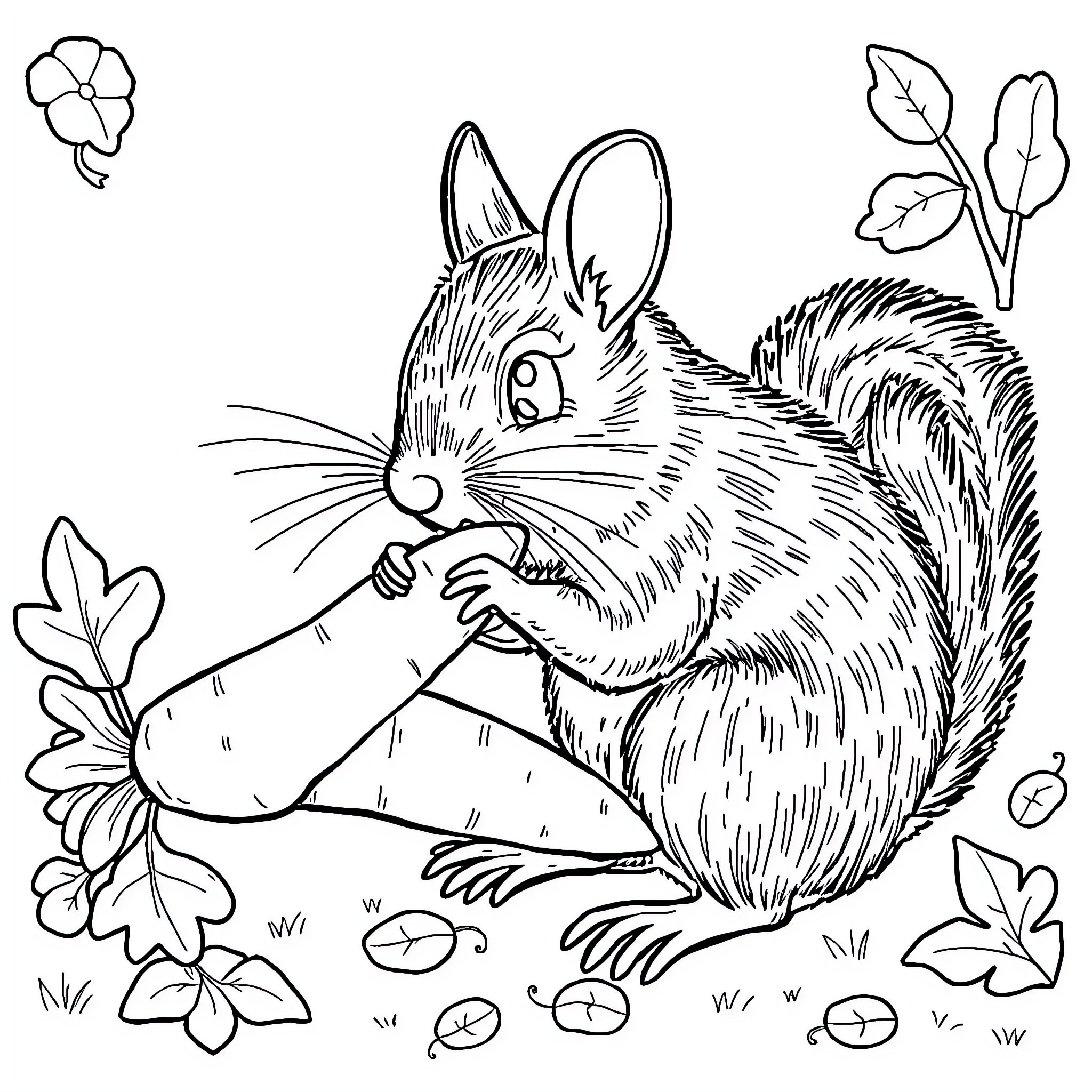 Mouse nibbling on leaf in garden setting Coloring Page (free black-and-white line drawing printable PDF for all, from beginners to advanced learners, including children, teens, adults, and seniors)