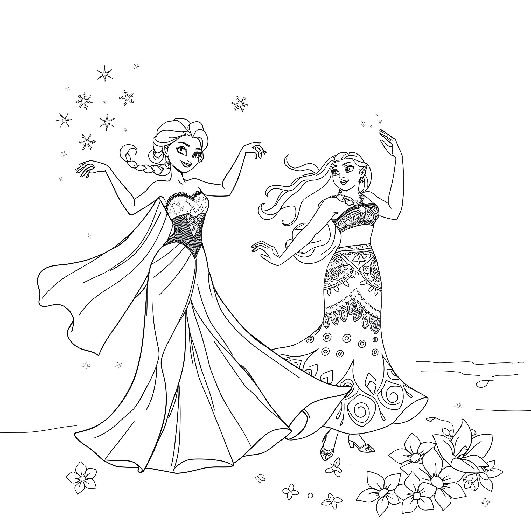 Elsa and Anna dancing joyfully in the snow Coloring Page (free black-and-white line drawing printable PDF for all, from beginners to advanced learners, including children, teens, adults, and seniors)