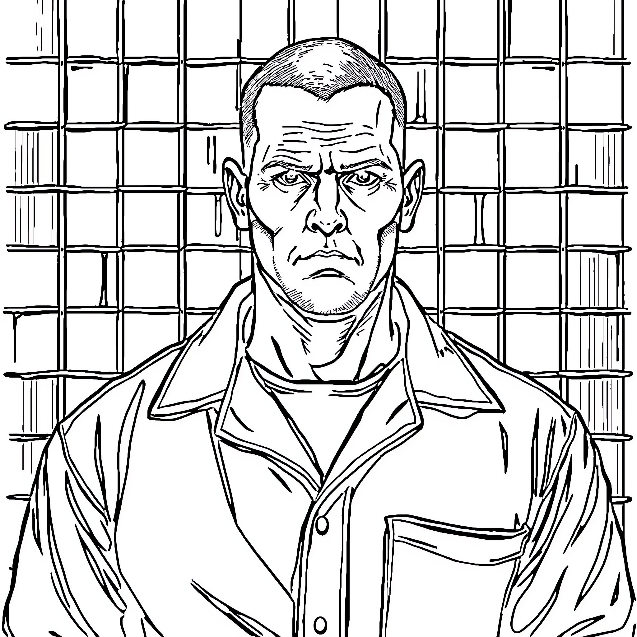 Michael Scofield in a prison cell with determination Coloring Page (free black-and-white line drawing printable PDF for all, from beginners to advanced learners, including children, teens, adults, and seniors)