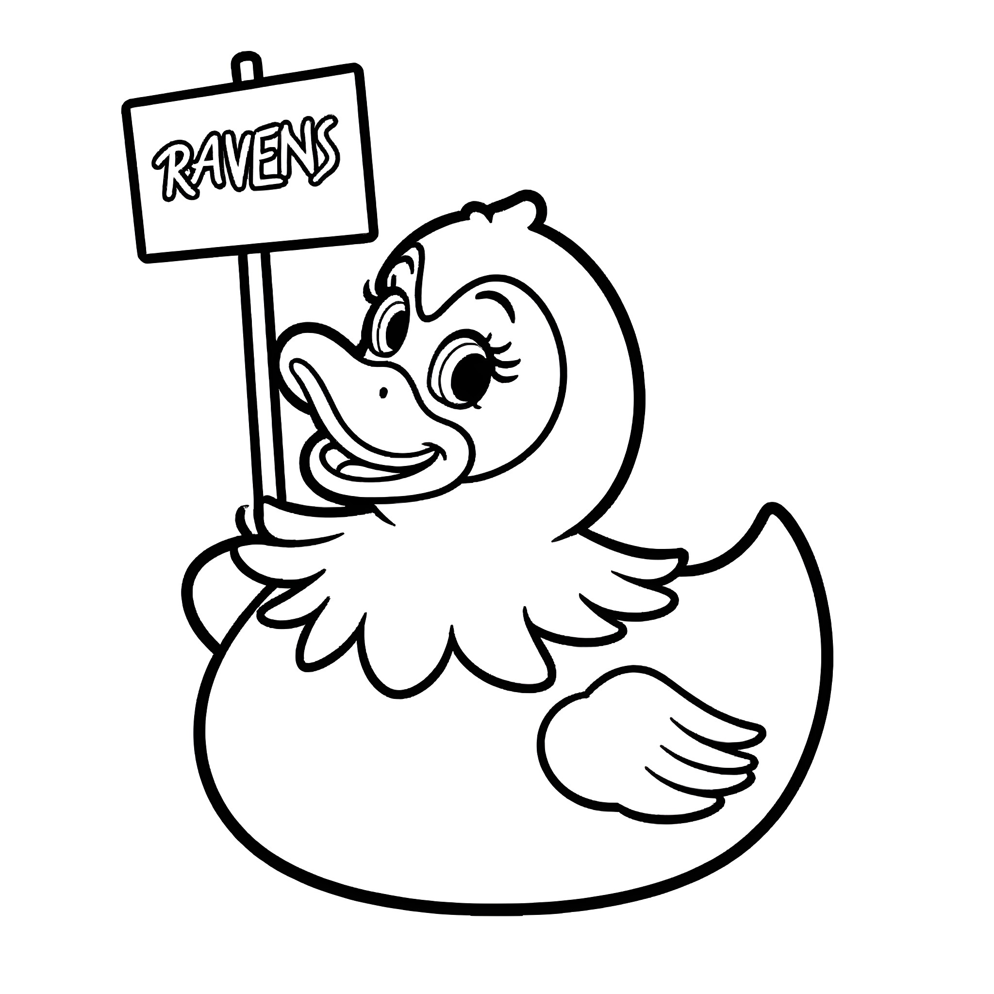 Rubber Ducky Cheering for the Ravens Coloring Page (free black-and-white line drawing printable PDF for all, from beginners to advanced learners, including children, teens, adults, and seniors)