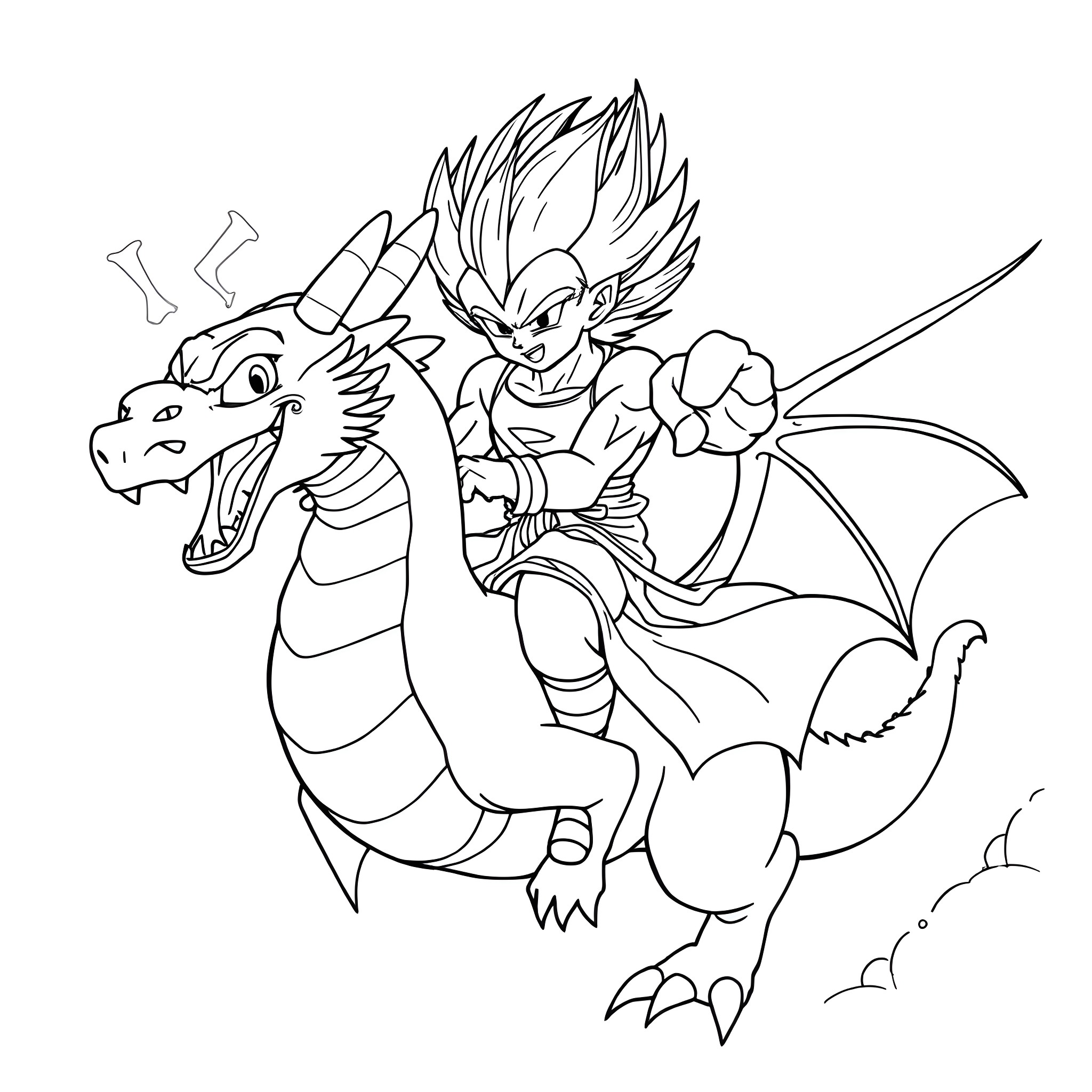 Dragon warrior riding a fierce dragon Coloring Page (free black-and-white line drawing printable PDF for all, from beginners to advanced learners, including children, teens, adults, and seniors)