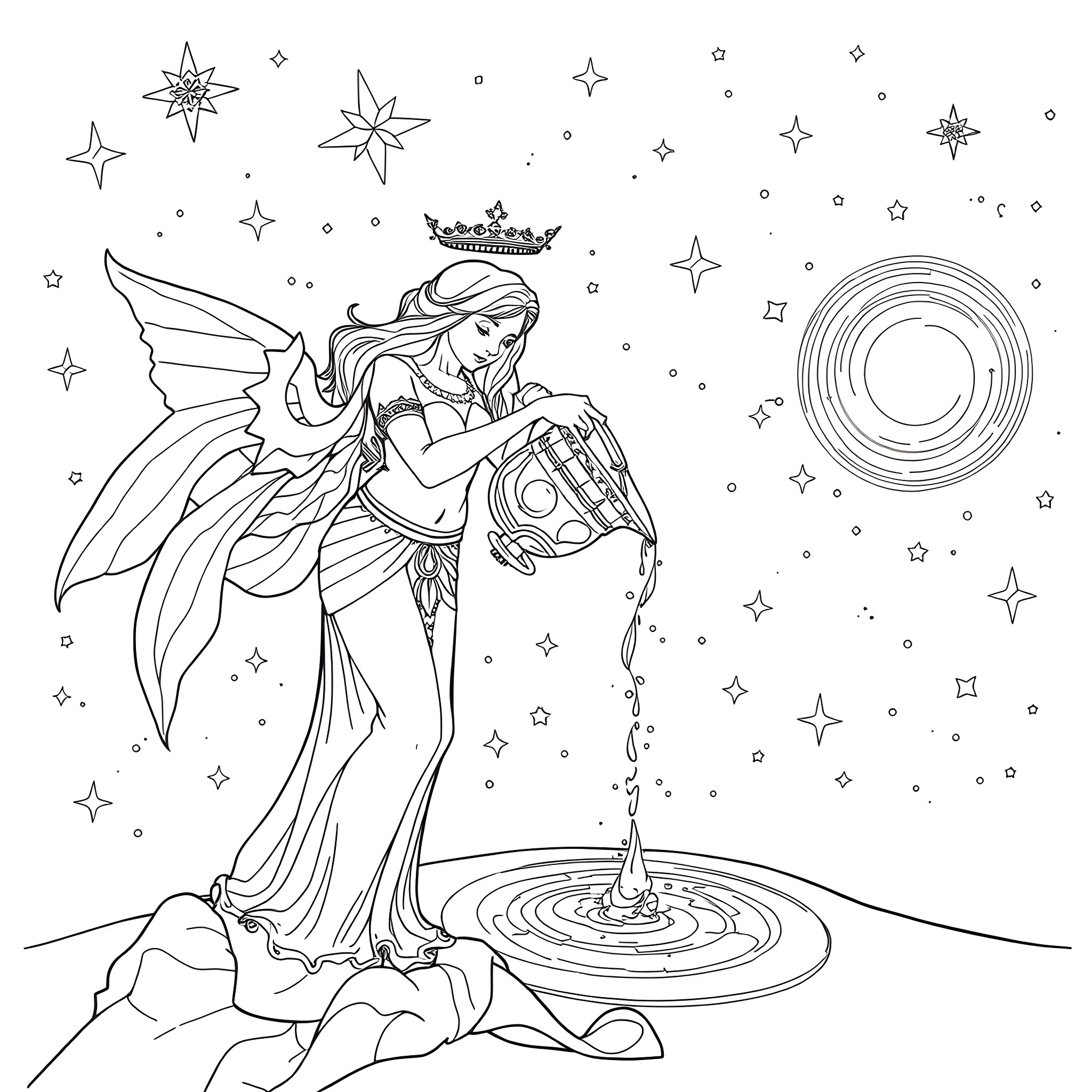 Aquarius - Mystical Fairy Casting Spells under Starry Sky Coloring Page (free black-and-white line drawing printable PDF for all, from beginners to advanced learners, including children, teens, adults, and seniors)