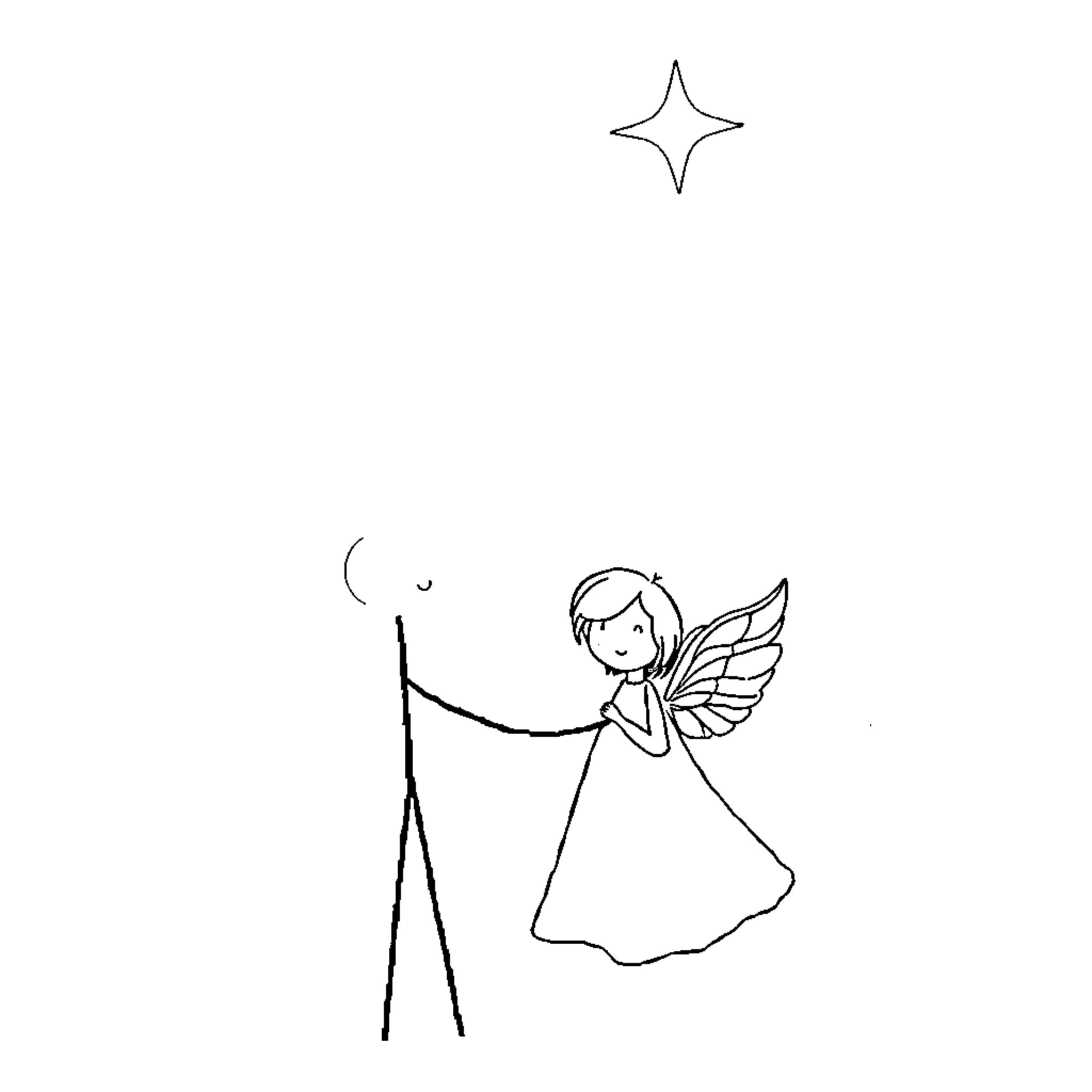 Angel standing beside a glowing star Coloring Page (free black-and-white line drawing printable PDF for all, from beginners to advanced learners, including children, teens, adults, and seniors)
