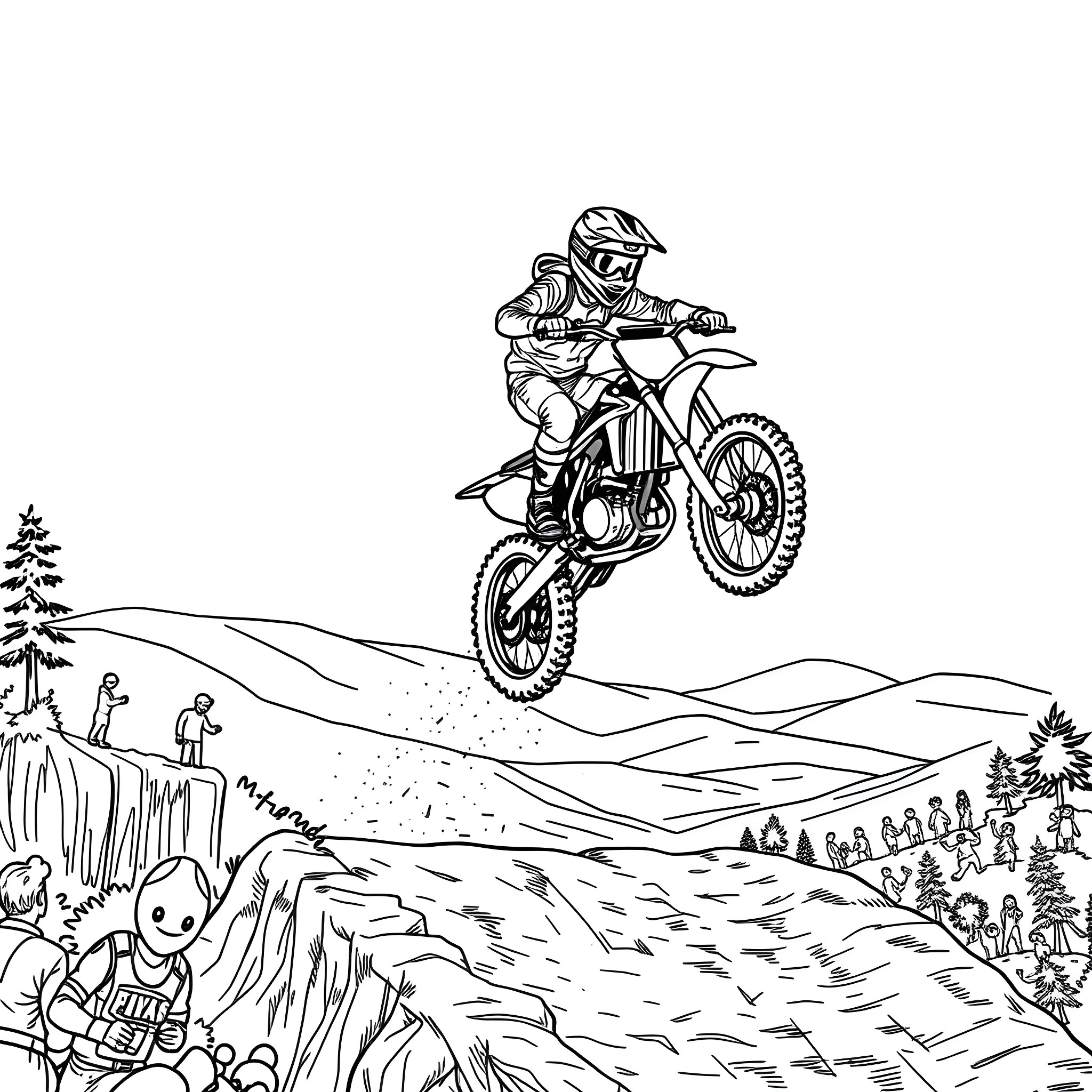 Dirtbike rider jumping over a mountainous landscape Coloring Page (free black-and-white line drawing printable PDF for all, from beginners to advanced learners, including children, teens, adults, and seniors)
