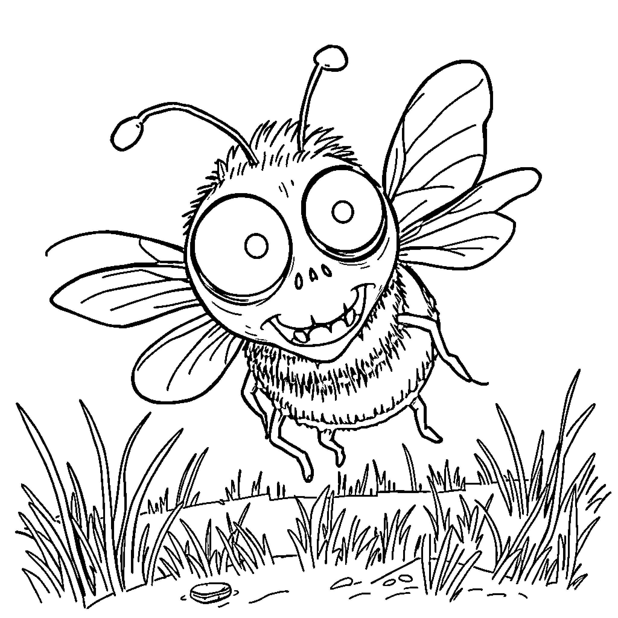 Bee with Exaggerated Features Exploring Grass Coloring Page (free black-and-white line drawing printable PDF for all, from beginners to advanced learners, including children, teens, adults, and seniors)
