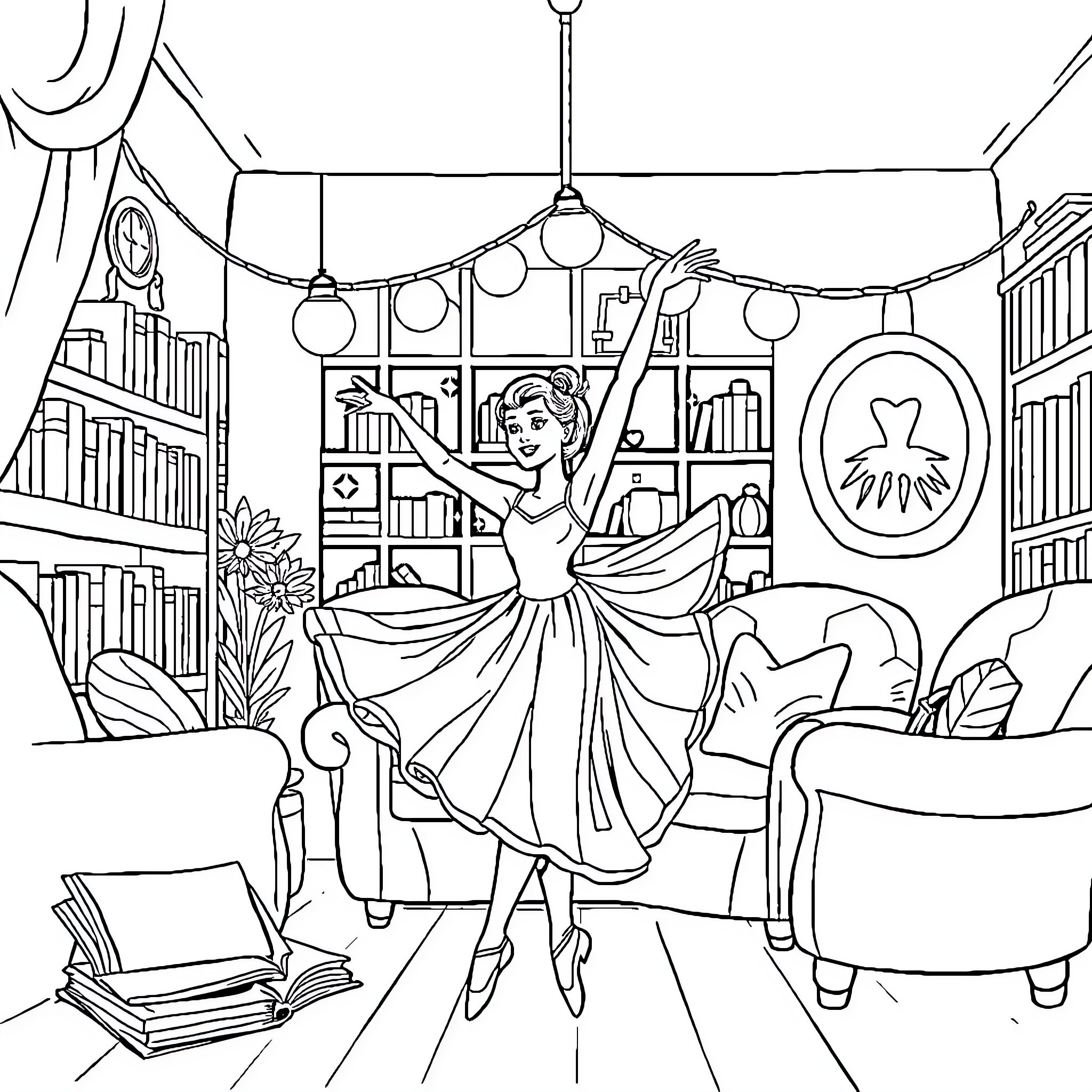 Ballerina gracefully dancing in a cozy library Coloring Page (free black-and-white line drawing printable PDF for all, from beginners to advanced learners, including children, teens, adults, and seniors)