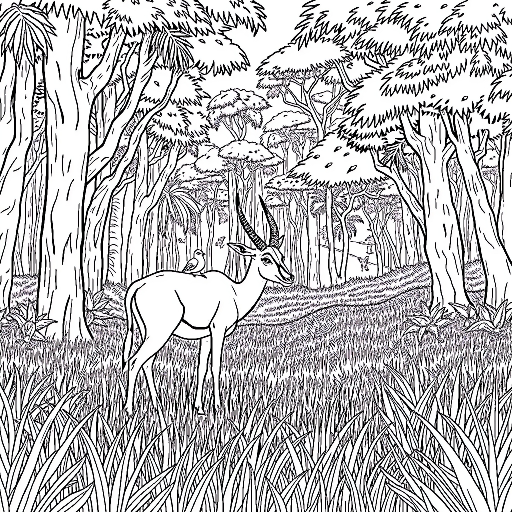 Antelope exploring the dense forest Coloring Page (free black-and-white line drawing printable PDF for all, from beginners to advanced learners, including children, teens, adults, and seniors)