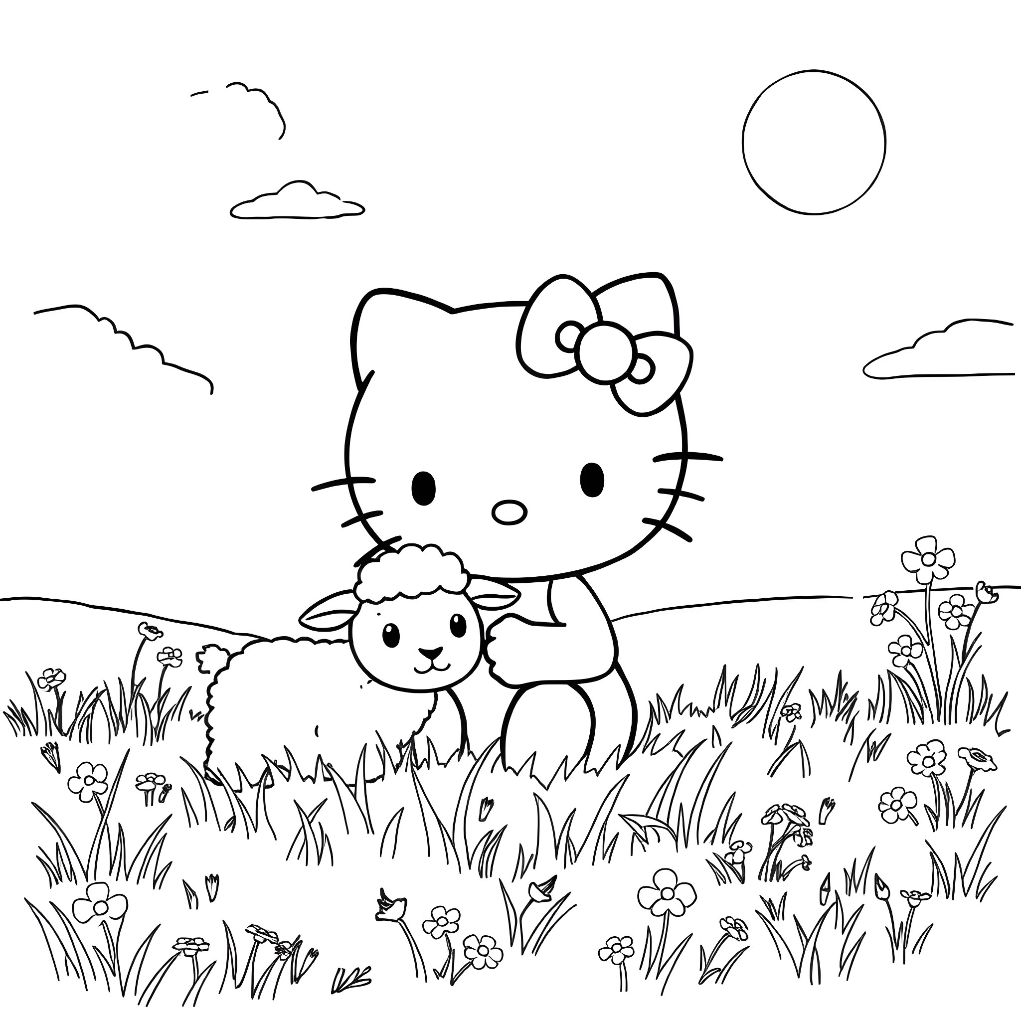 Hello Kitty with a Lamb in a Grassy Field Coloring Page (free black-and-white line drawing printable PDF for all, from beginners to advanced learners, including children, teens, adults, and seniors)