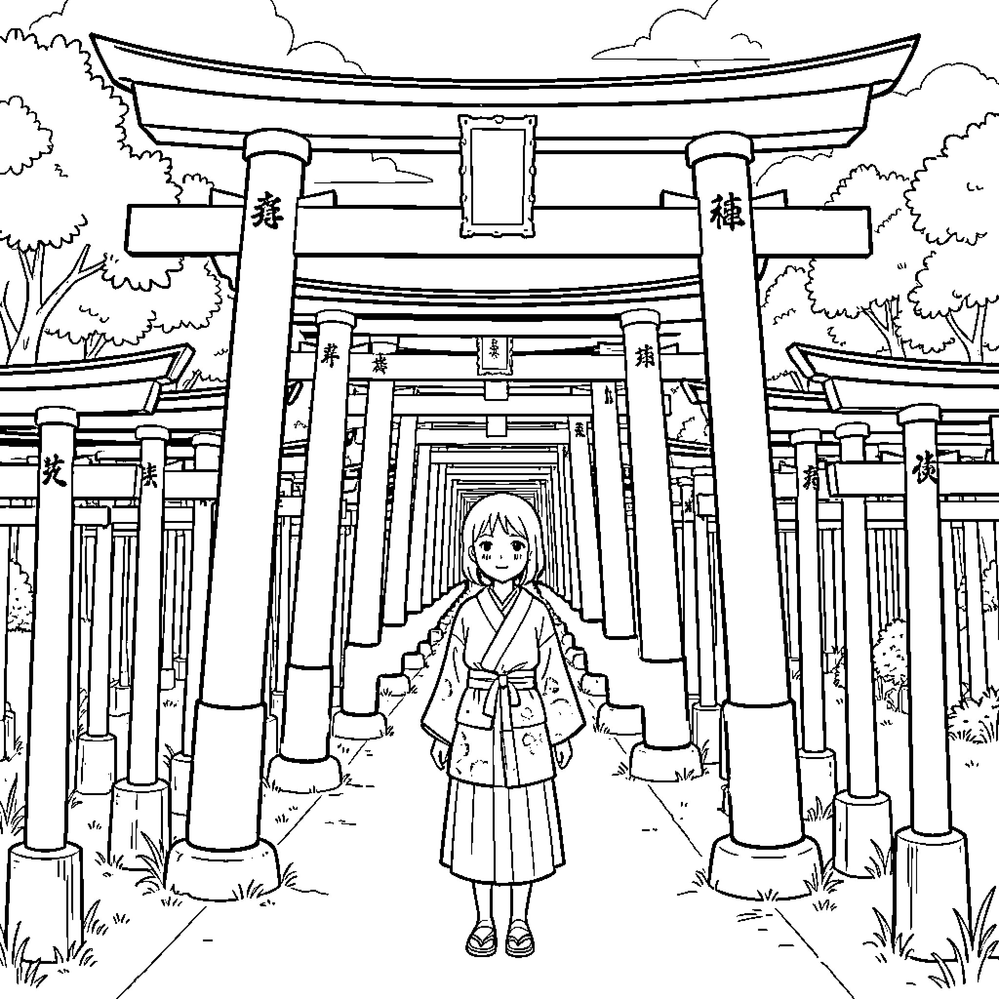 Woman in traditional clothing standing under torii gates Coloring Page (free black-and-white line drawing printable PDF for all, from beginners to advanced learners, including children, teens, adults, and seniors)
