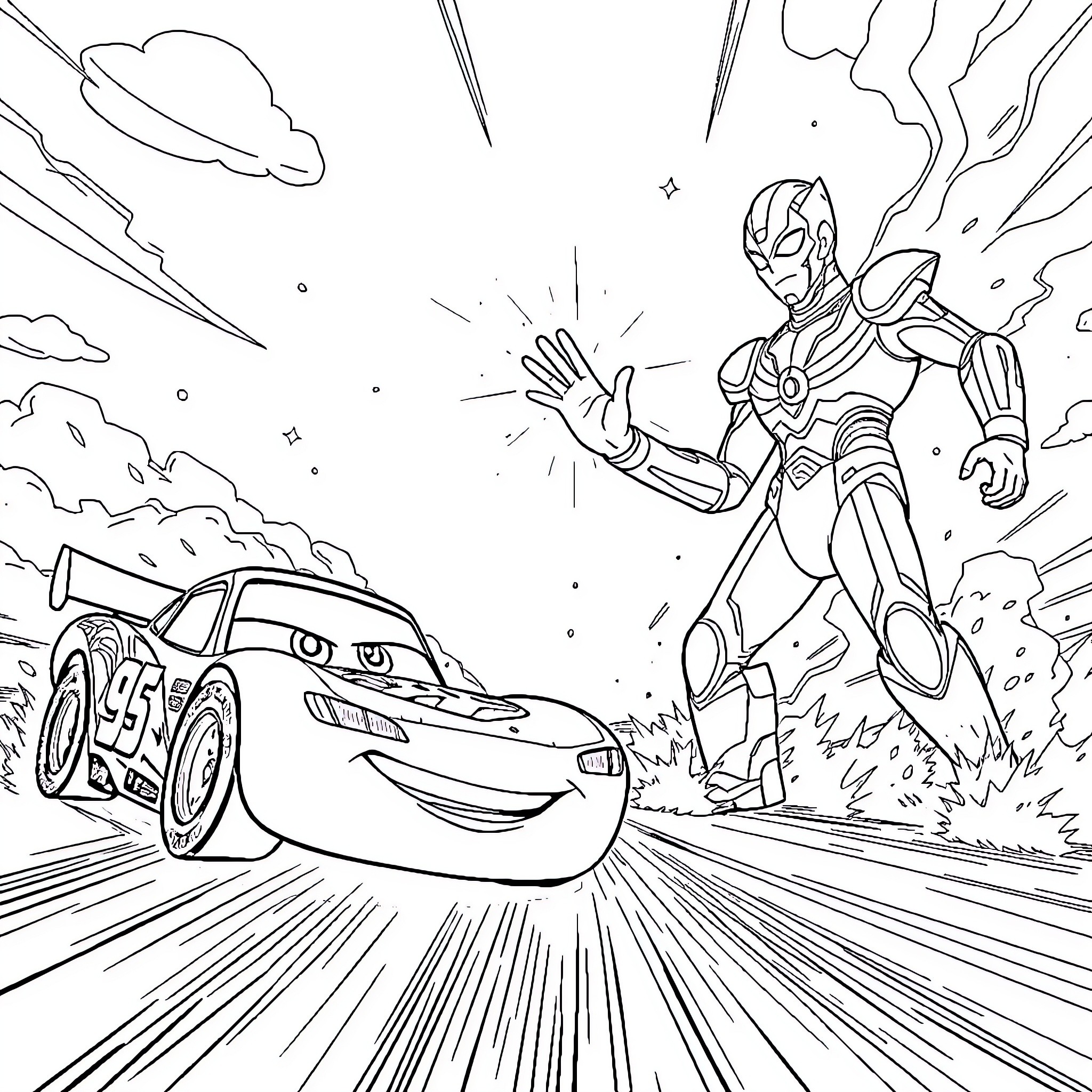 Car racing against robot superhero in action scene Coloring Page (free black-and-white line drawing printable PDF for all, from beginners to advanced learners, including children, teens, adults, and seniors)
