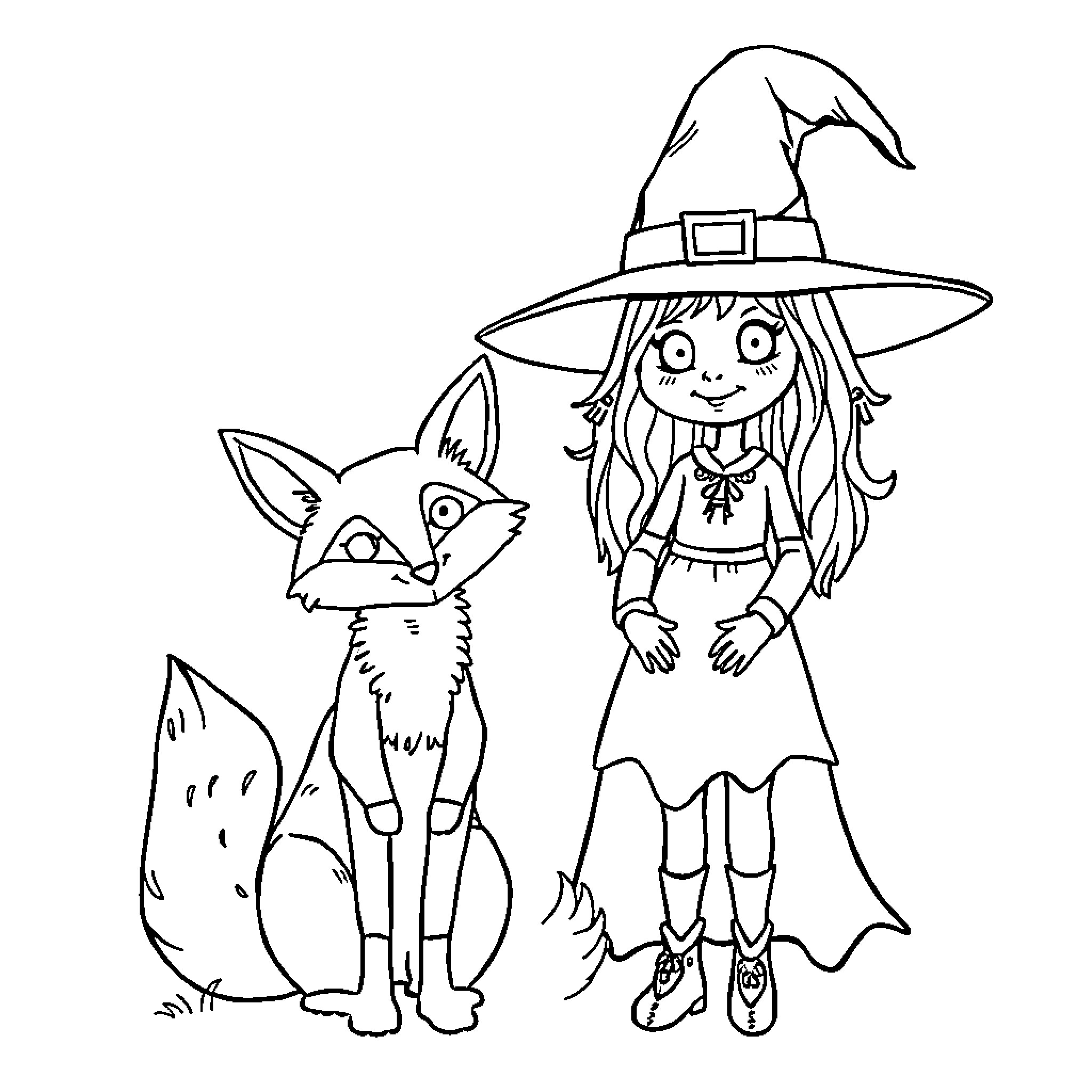 Witch with her Friendly Fox Companion Coloring Page (free black-and-white line drawing printable PDF for all, from beginners to advanced learners, including children, teens, adults, and seniors)