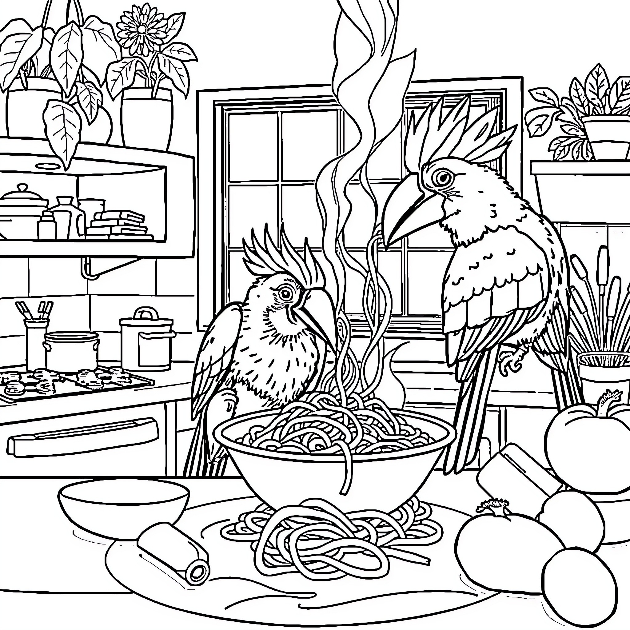 Birds Cooking in a Cozy Kitchen Coloring Page (free black-and-white line drawing printable PDF for all, from beginners to advanced learners, including children, teens, adults, and seniors)