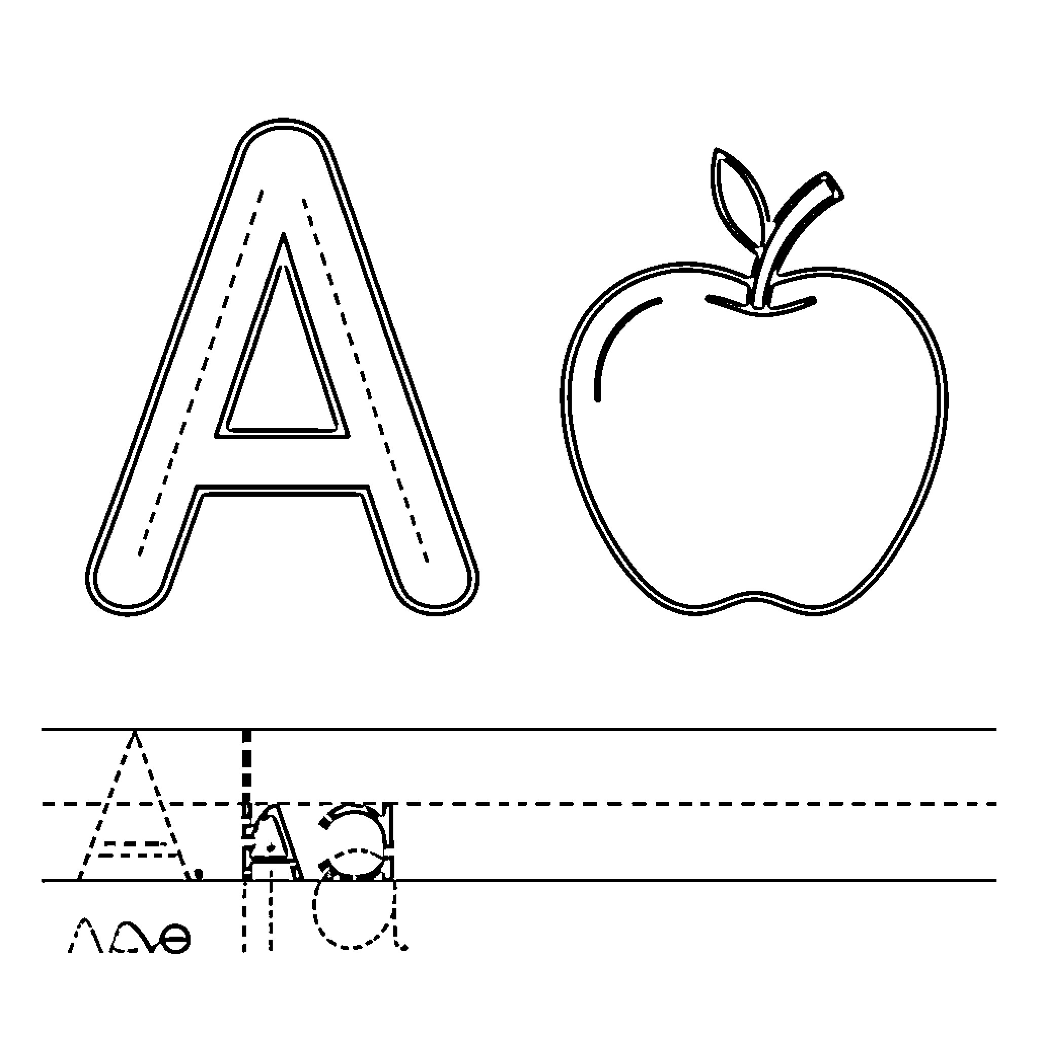 Letter A with Simple Shapes and Outlines Coloring Page (free black-and-white line drawing printable PDF for all, from beginners to advanced learners, including children, teens, adults, and seniors)