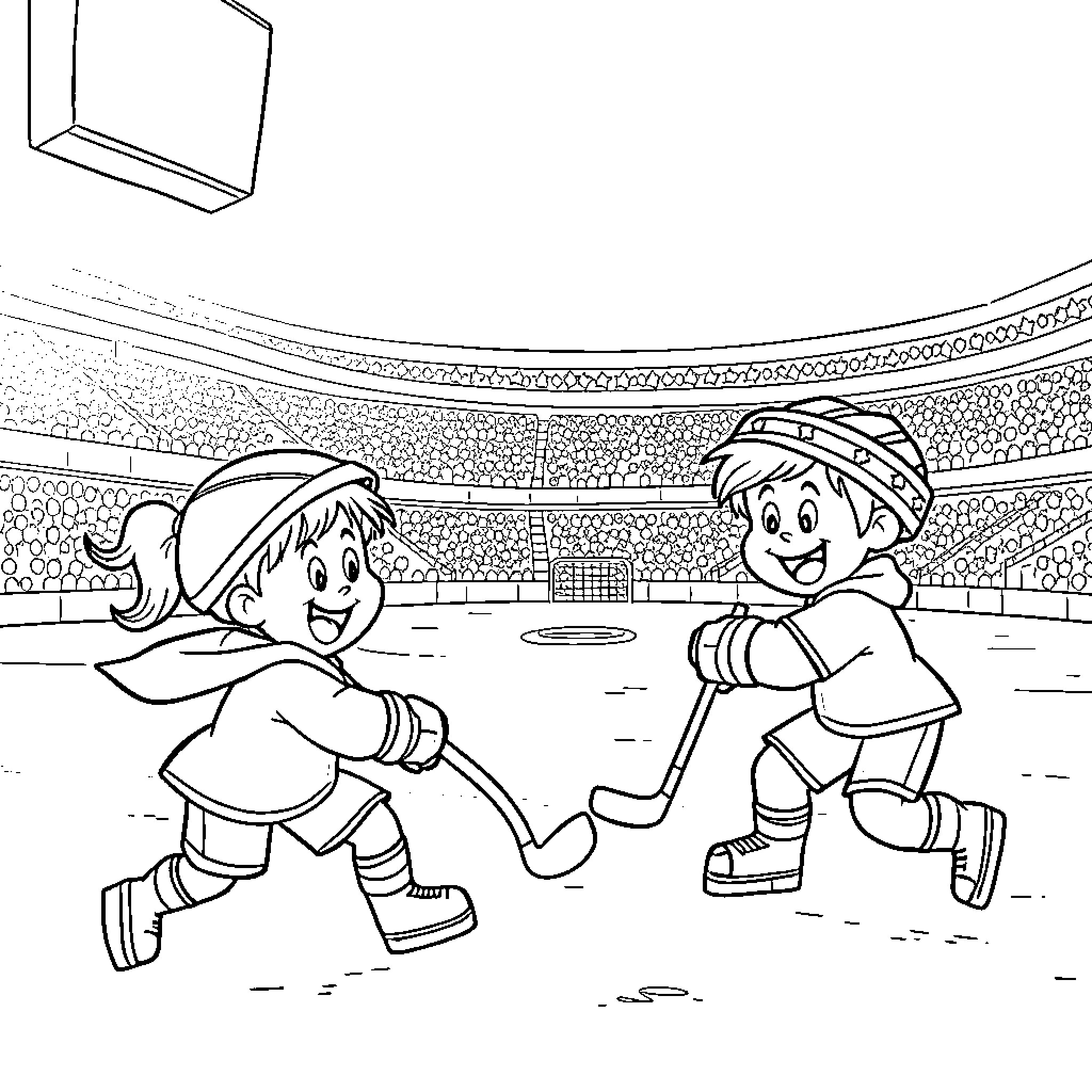 Children playing hockey in sports arena Coloring Page (free black-and-white line drawing printable PDF for all, from beginners to advanced learners, including children, teens, adults, and seniors)