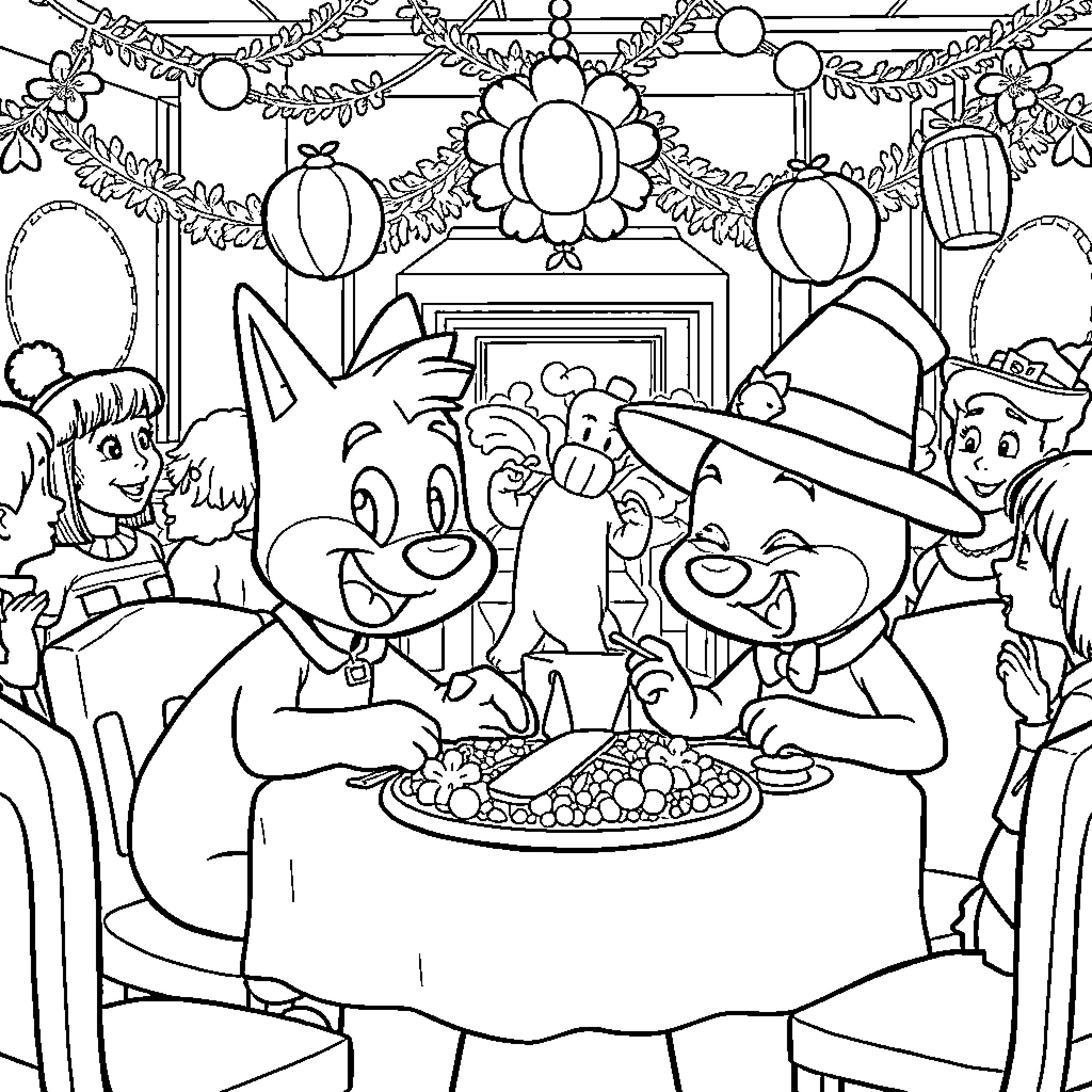 Bluey's Festive Celebration with Family and Friends Coloring Page (free black-and-white line drawing printable PDF for all, from beginners to advanced learners, including children, teens, adults, and seniors)