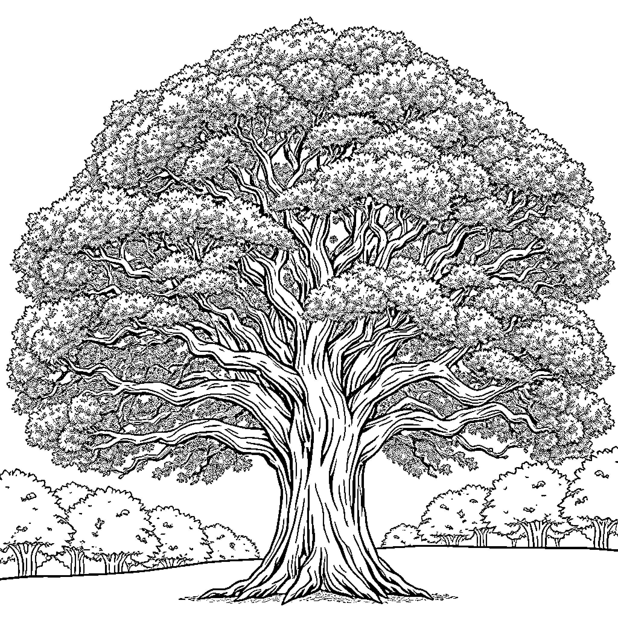 Tree with Intricate Branches and Lush Foliage Coloring Page (free black-and-white line drawing printable PDF for all, from beginners to advanced learners, including children, teens, adults, and seniors)