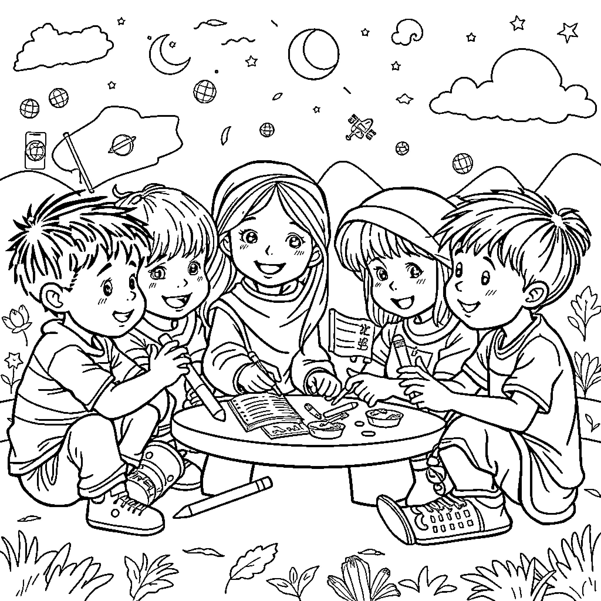 Child friends enjoying outdoor creative activities Coloring Page (free black-and-white line drawing printable PDF for all, from beginners to advanced learners, including children, teens, adults, and seniors)