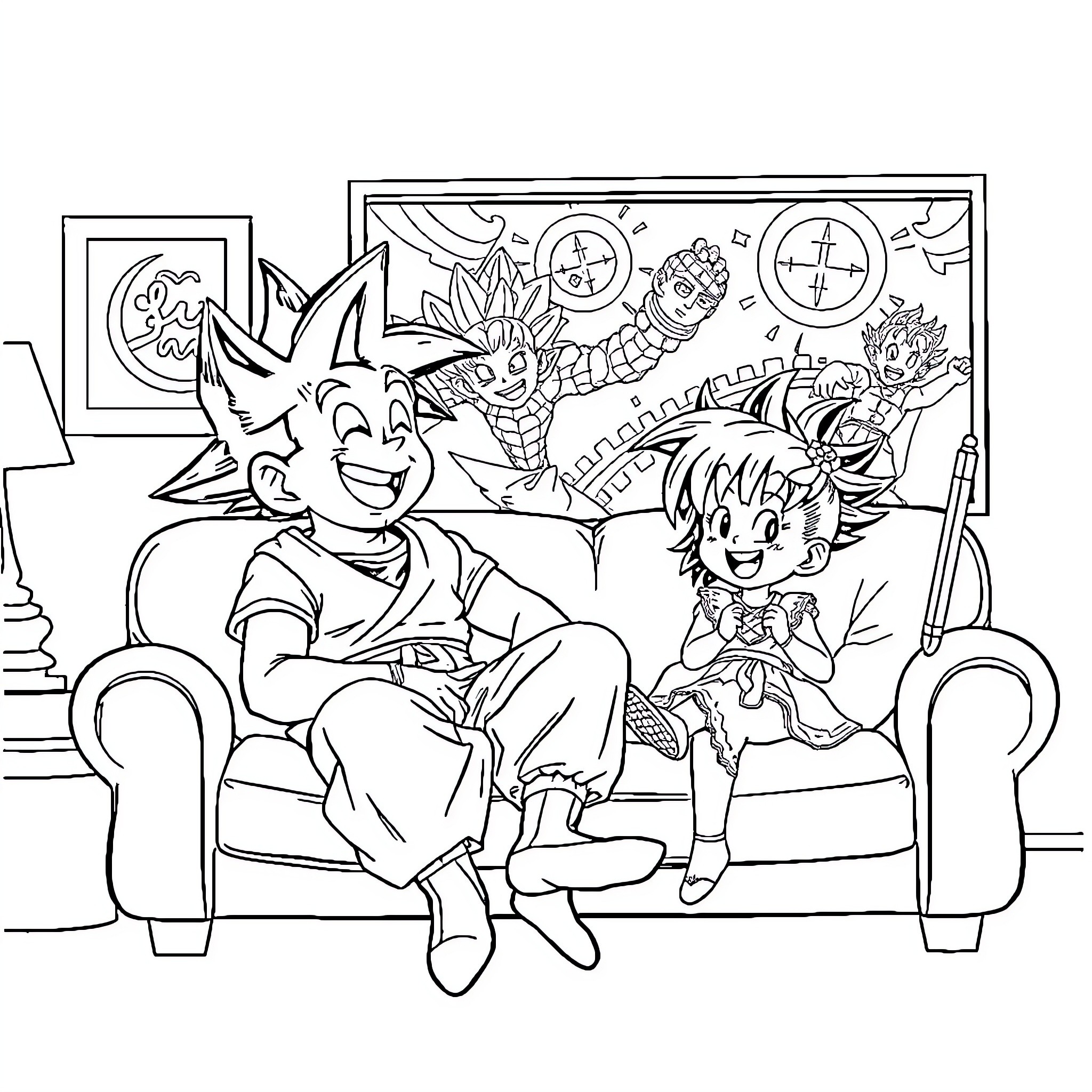 Dragon Ball Characters Relaxing on the Couch Coloring Page (free black-and-white line drawing printable PDF for all, from beginners to advanced learners, including children, teens, adults, and seniors)