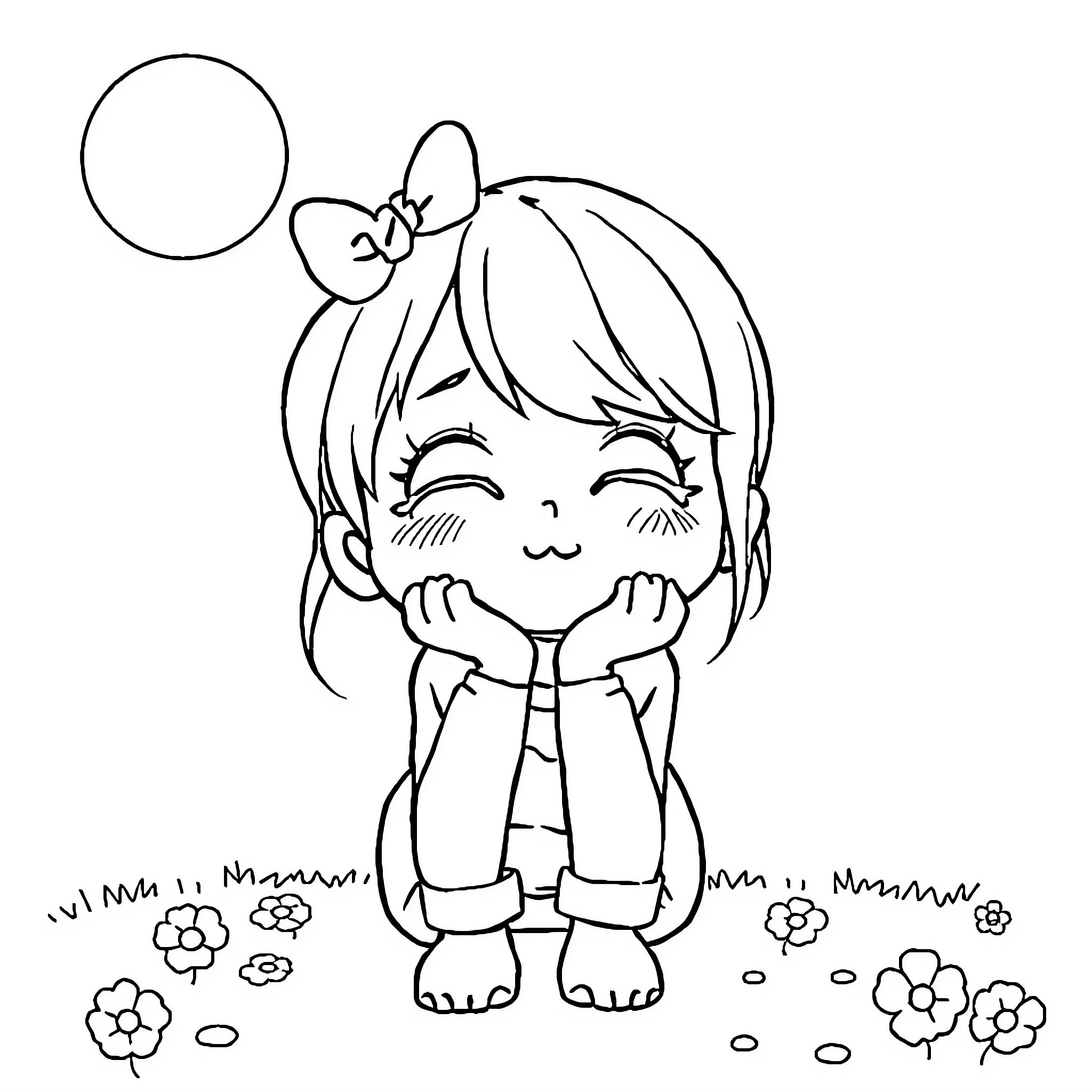 Kawaii girl playing happily in the meadow Coloring Page (free black-and-white line drawing printable PDF for all, from beginners to advanced learners, including children, teens, adults, and seniors)