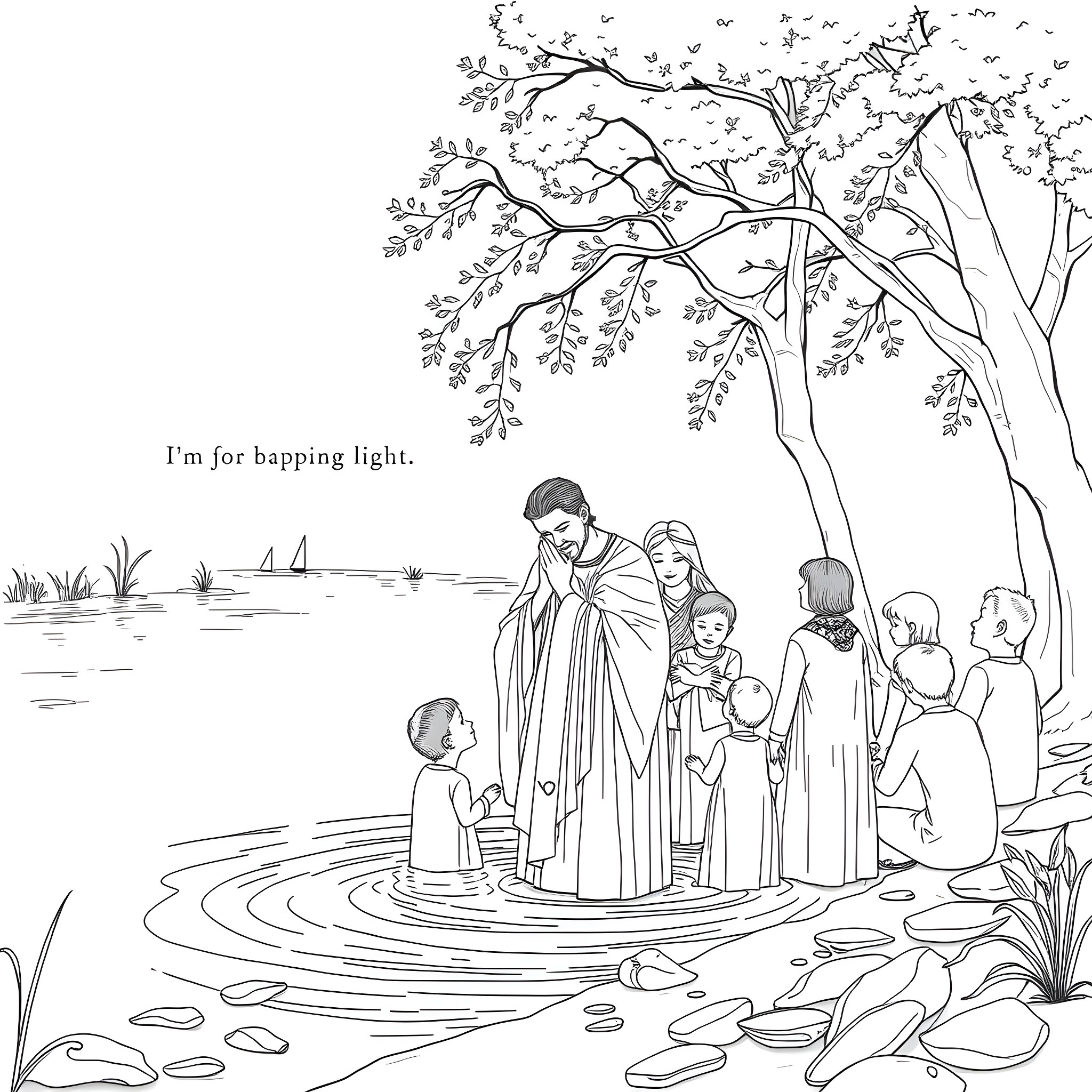 Baptism of a family in a serene lake setting Coloring Page (free black-and-white line drawing printable PDF for all, from beginners to advanced learners, including children, teens, adults, and seniors)