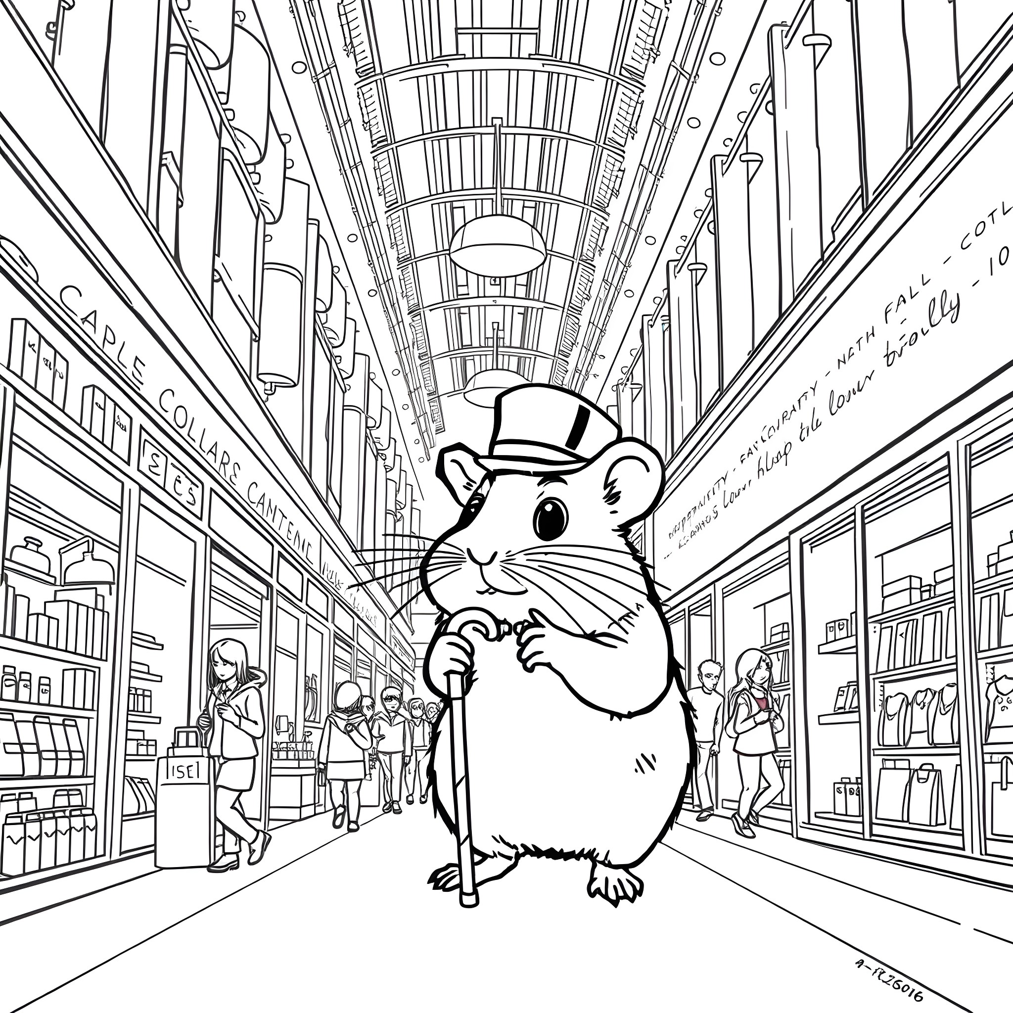 Hamster exploring a bustling urban market Coloring Page (free black-and-white line drawing printable PDF for all, from beginners to advanced learners, including children, teens, adults, and seniors)