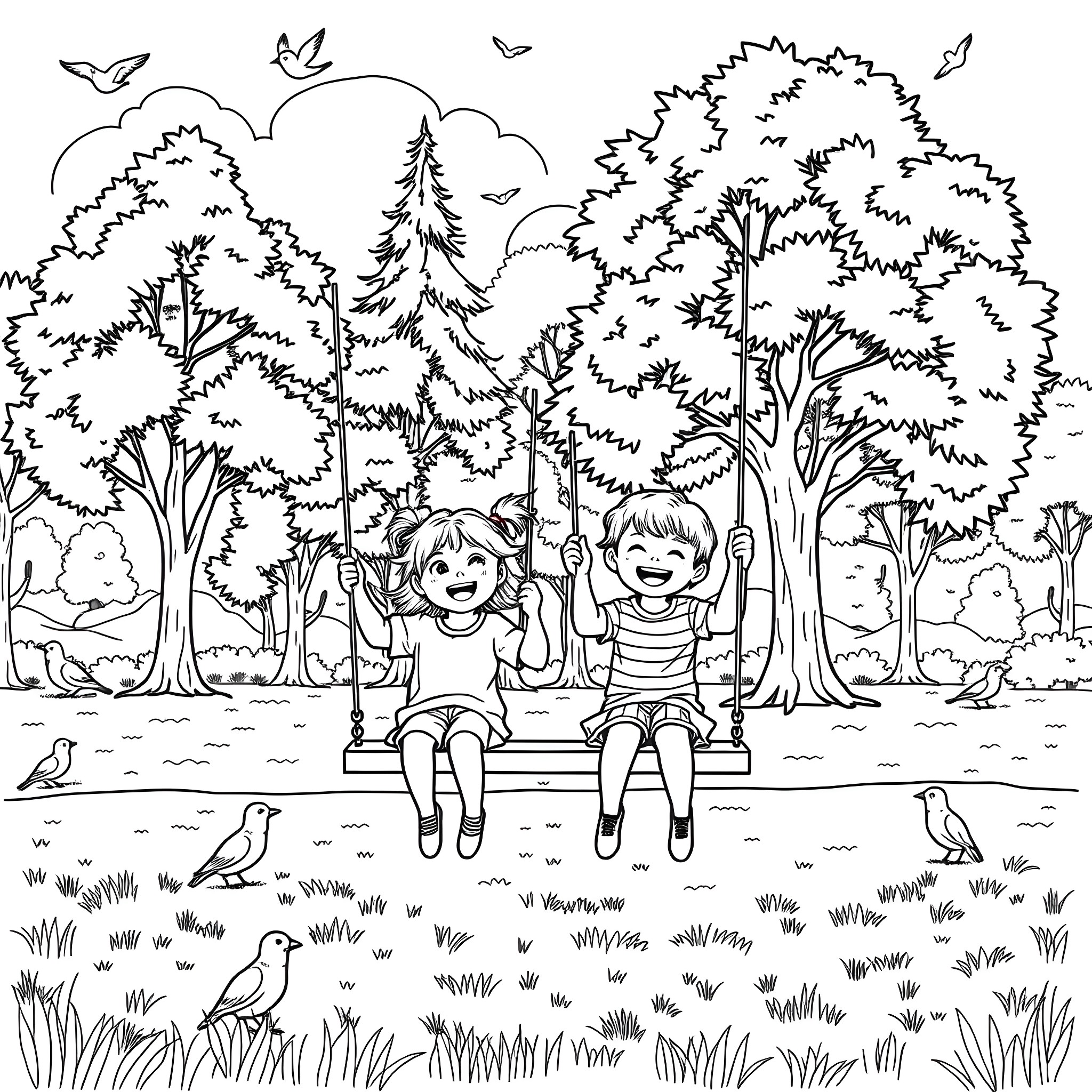 Kid playing happily on a swing in the forest Coloring Page (free black-and-white line drawing printable PDF for all, from beginners to advanced learners, including children, teens, adults, and seniors)