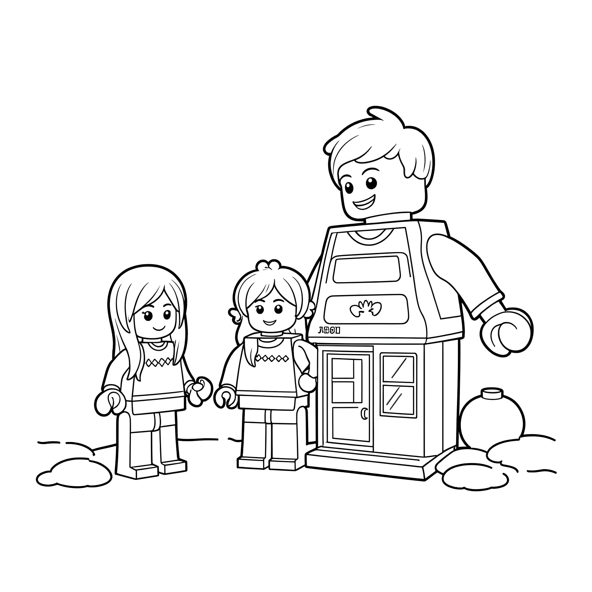 LEGO Figure Family Enjoying Outdoor Play Coloring Page (free black-and-white line drawing printable PDF for all, from beginners to advanced learners, including children, teens, adults, and seniors)
