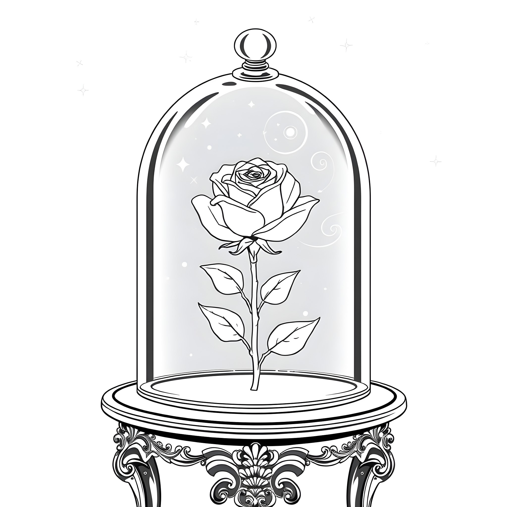 Rose in a Magical Glass Dome Coloring Page (free black-and-white line drawing printable PDF for all, from beginners to advanced learners, including children, teens, adults, and seniors)