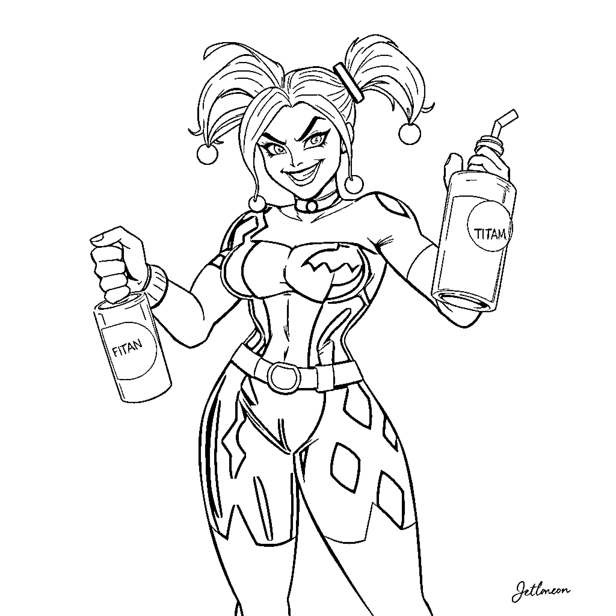 Harley Quinn spraying Titan paint cans cheerfully Coloring Page (free black-and-white line drawing printable PDF for all, from beginners to advanced learners, including children, teens, adults, and seniors)