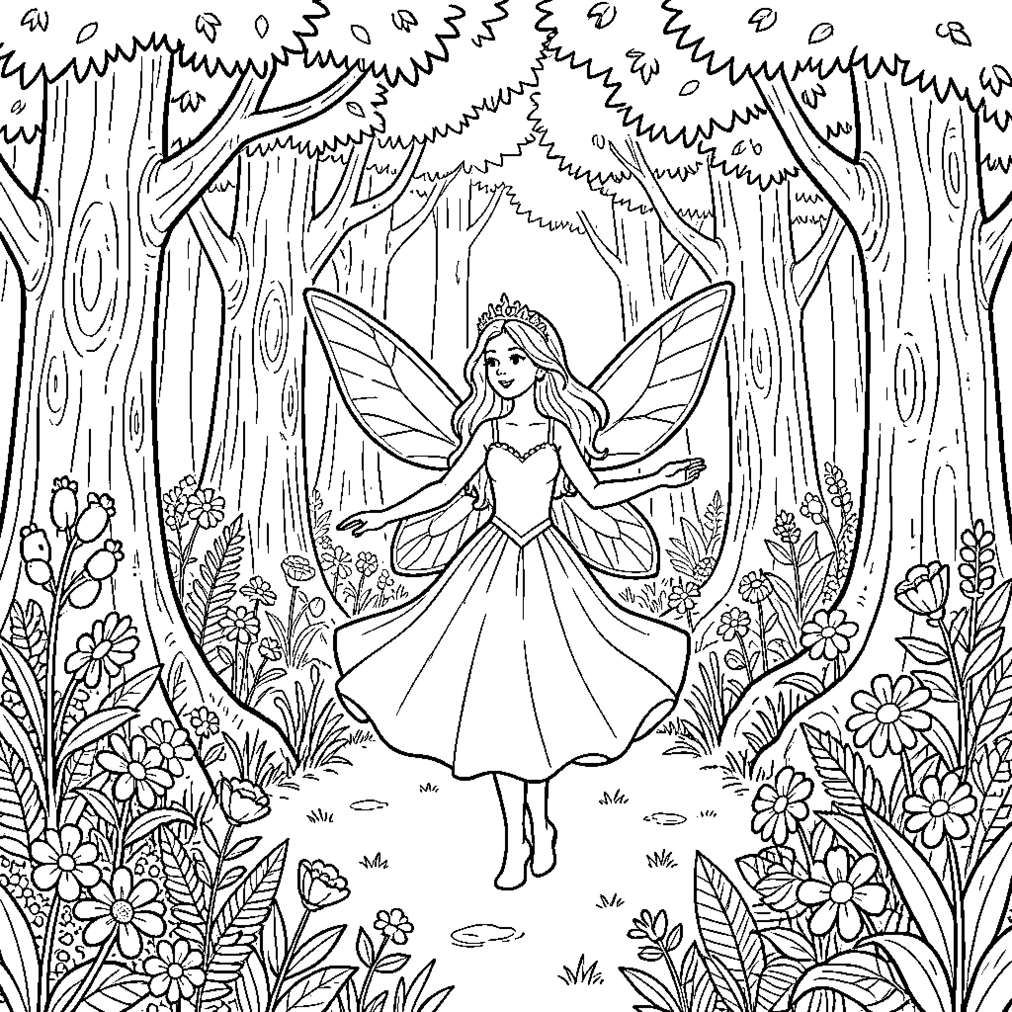 Fairy dancing gracefully amidst a lush forest Coloring Page (free black-and-white line drawing printable PDF for all, from beginners to advanced learners, including children, teens, adults, and seniors)