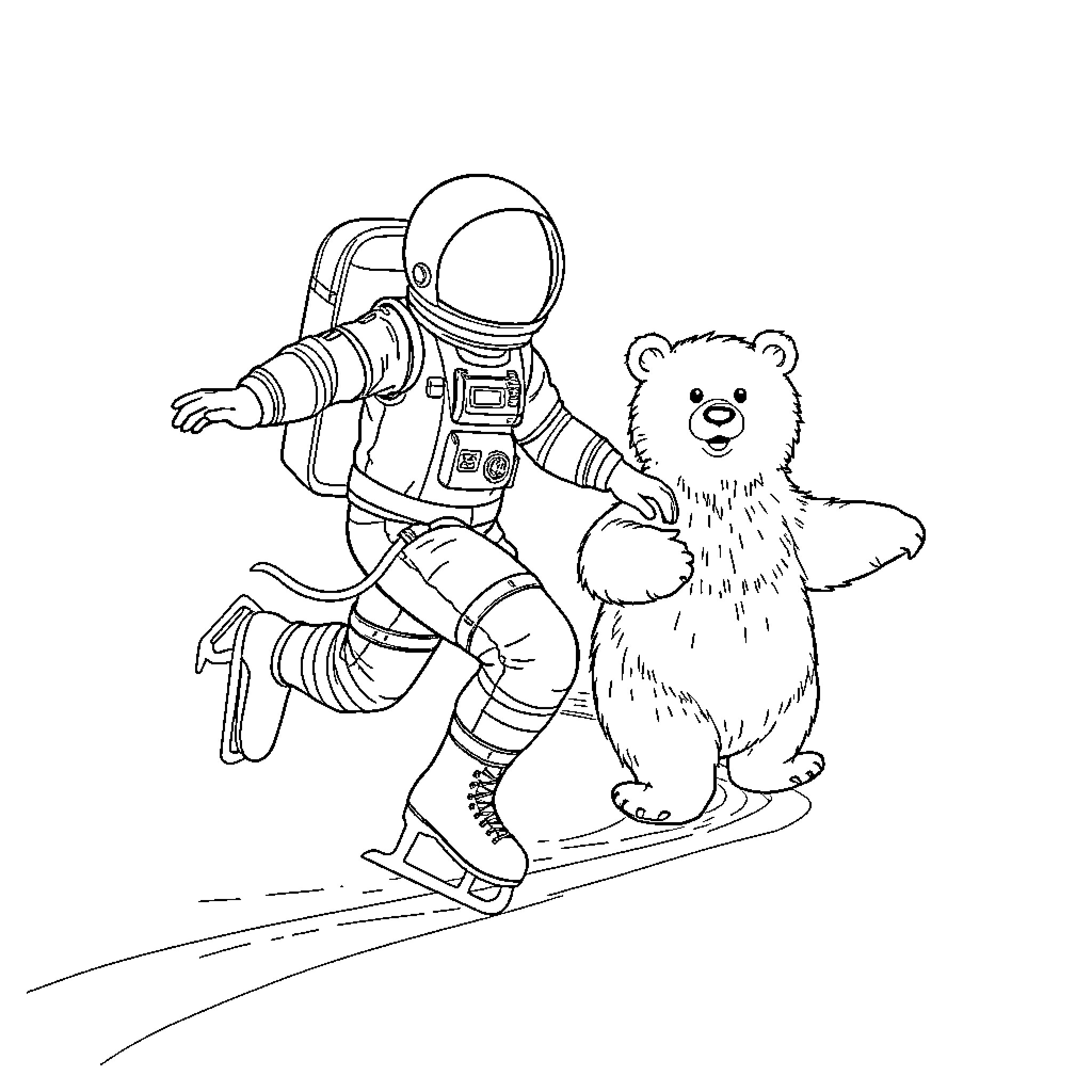 Astronaut exploring with friendly bear companion Coloring Page (free black-and-white line drawing printable PDF for all, from beginners to advanced learners, including children, teens, adults, and seniors)