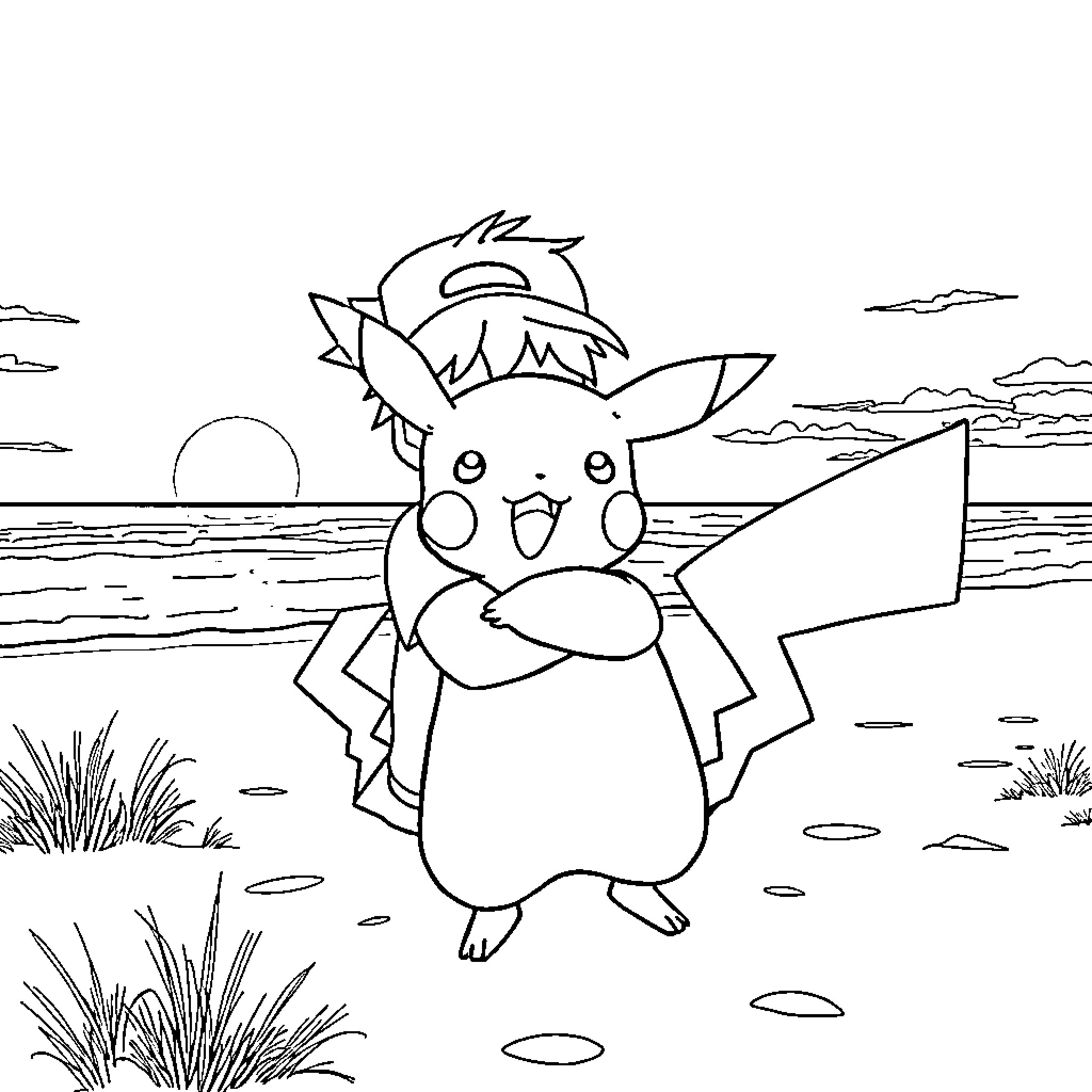 Pikachu exploring the beach Coloring Page (free black-and-white line drawing printable PDF for all, from beginners to advanced learners, including children, teens, adults, and seniors)