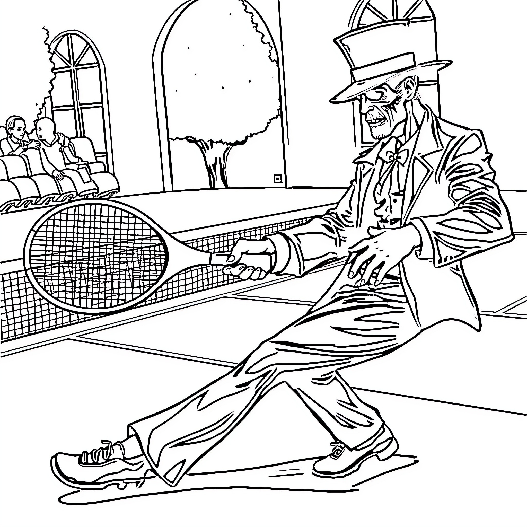 Undertaker enjoys a game of tennis on a sunny day Coloring Page (free black-and-white line drawing printable PDF for all, from beginners to advanced learners, including children, teens, adults, and seniors)
