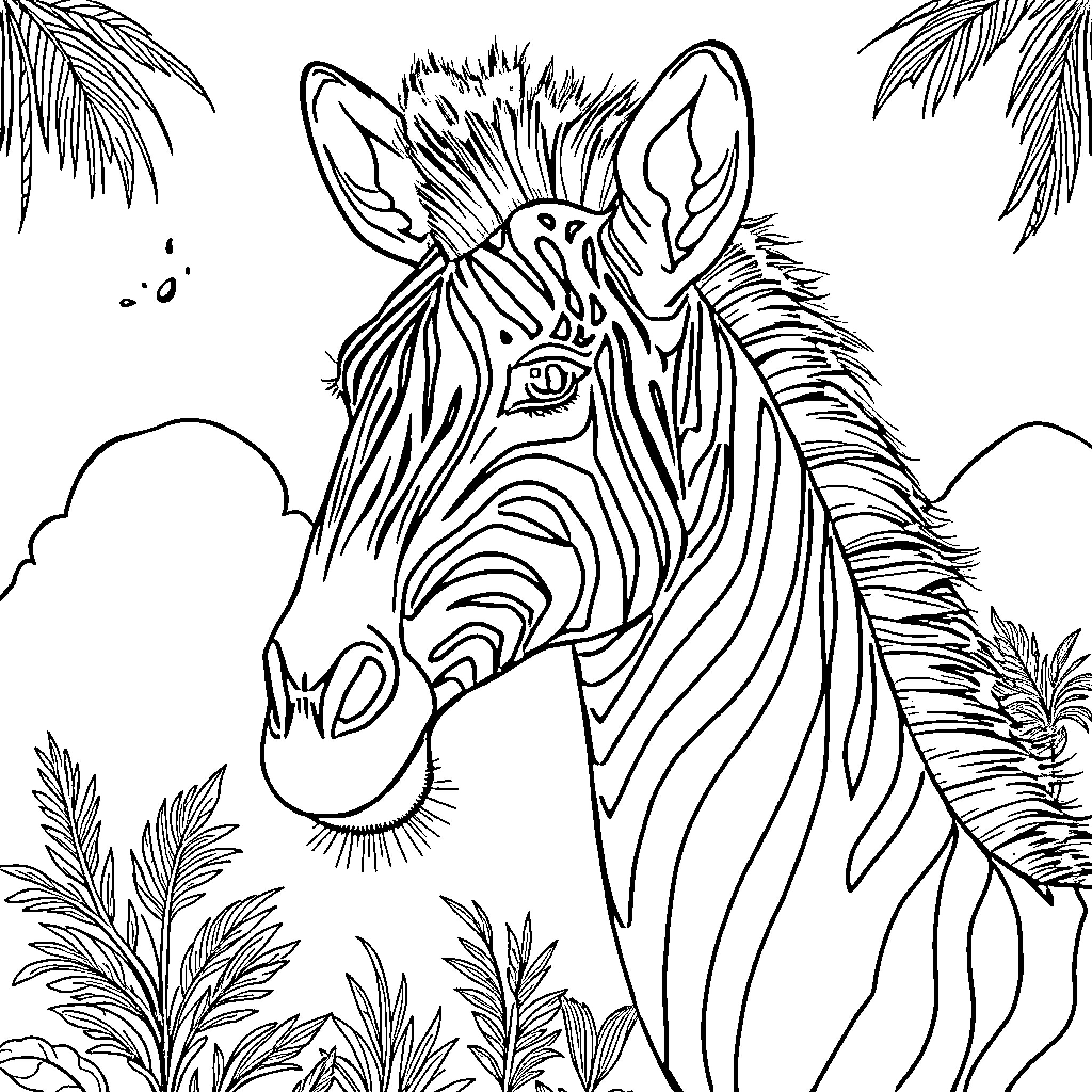 Giraffe enjoying the tropical scenery Coloring Page (free black-and-white line drawing printable PDF for all, from beginners to advanced learners, including children, teens, adults, and seniors)
