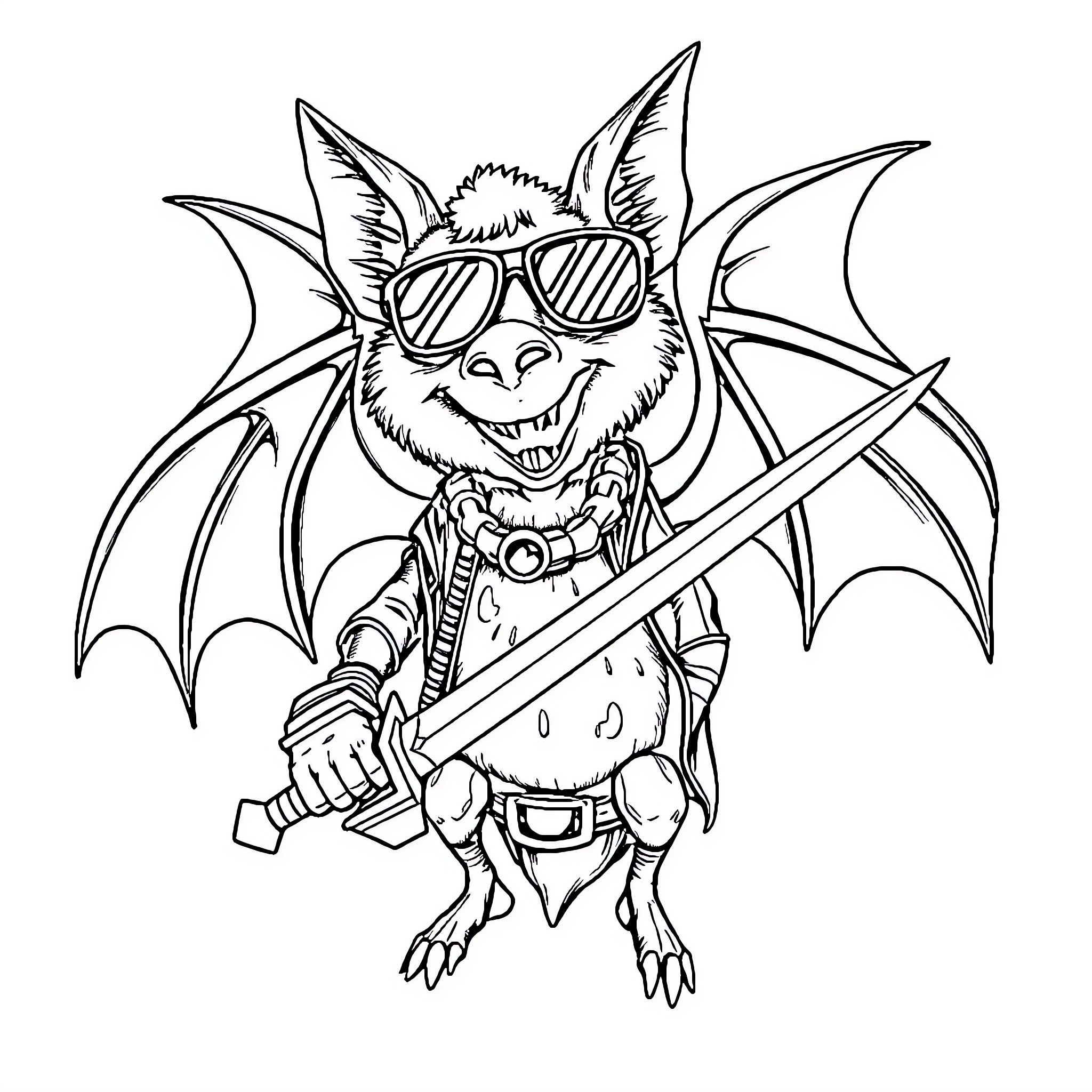 Bat warrior in action with sword and gear Coloring Page (free black-and-white line drawing printable PDF for all, from beginners to advanced learners, including children, teens, adults, and seniors)