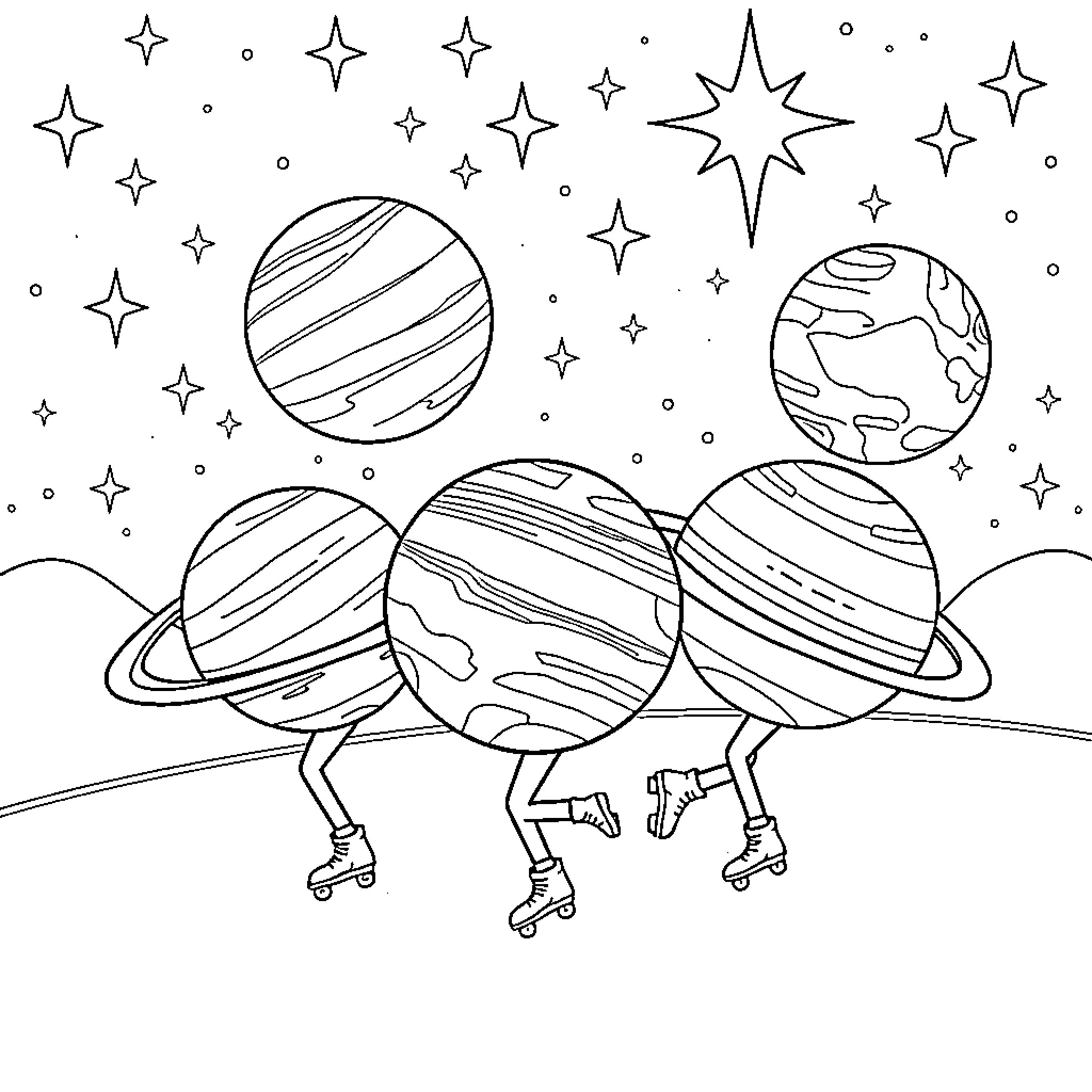 Planet Roller Skating in Space with Stars Coloring Page (free black-and-white line drawing printable PDF for all, from beginners to advanced learners, including children, teens, adults, and seniors)