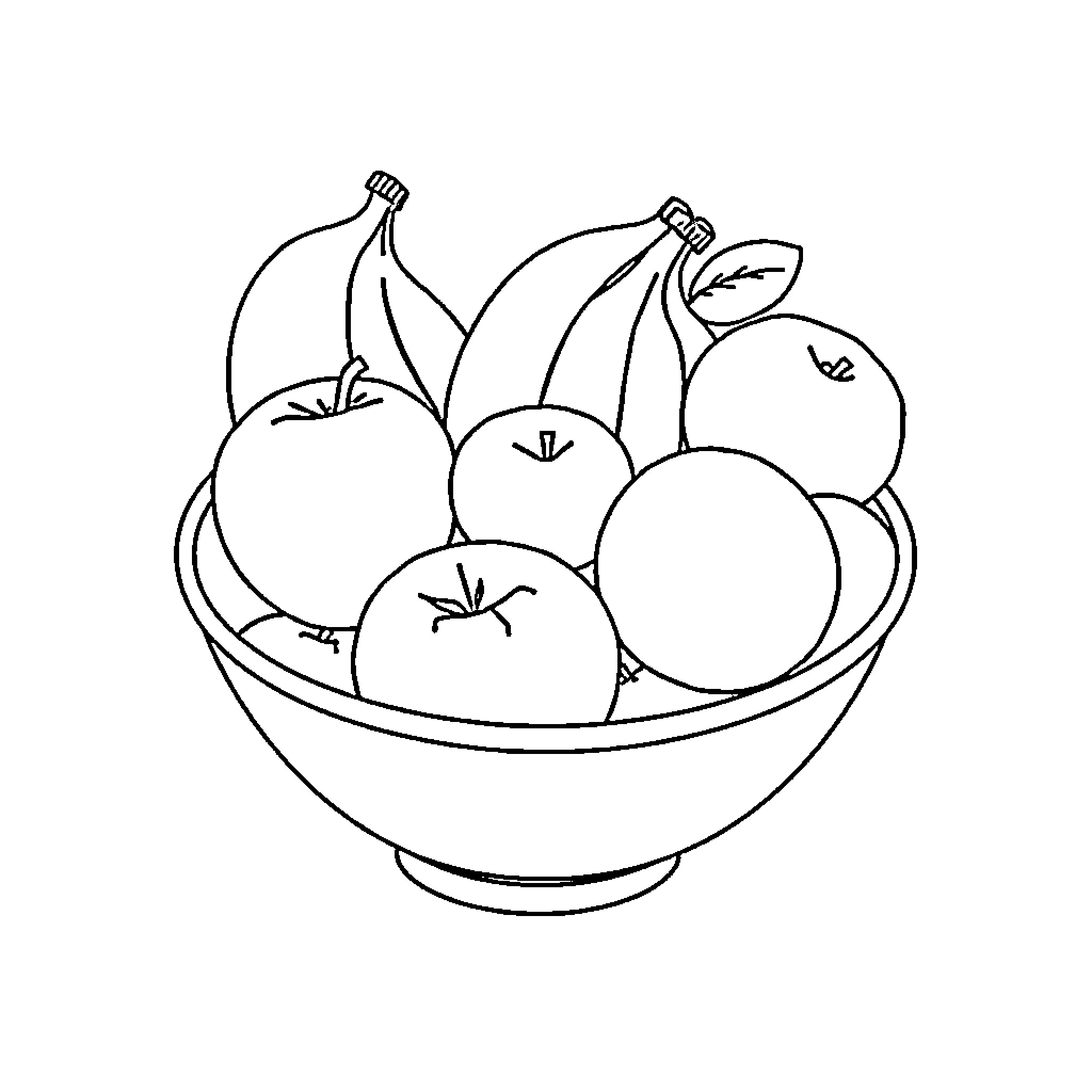 Fruit in a bowl depicting a simple scene Coloring Page (free black-and-white line drawing printable PDF for all, from beginners to advanced learners, including children, teens, adults, and seniors)