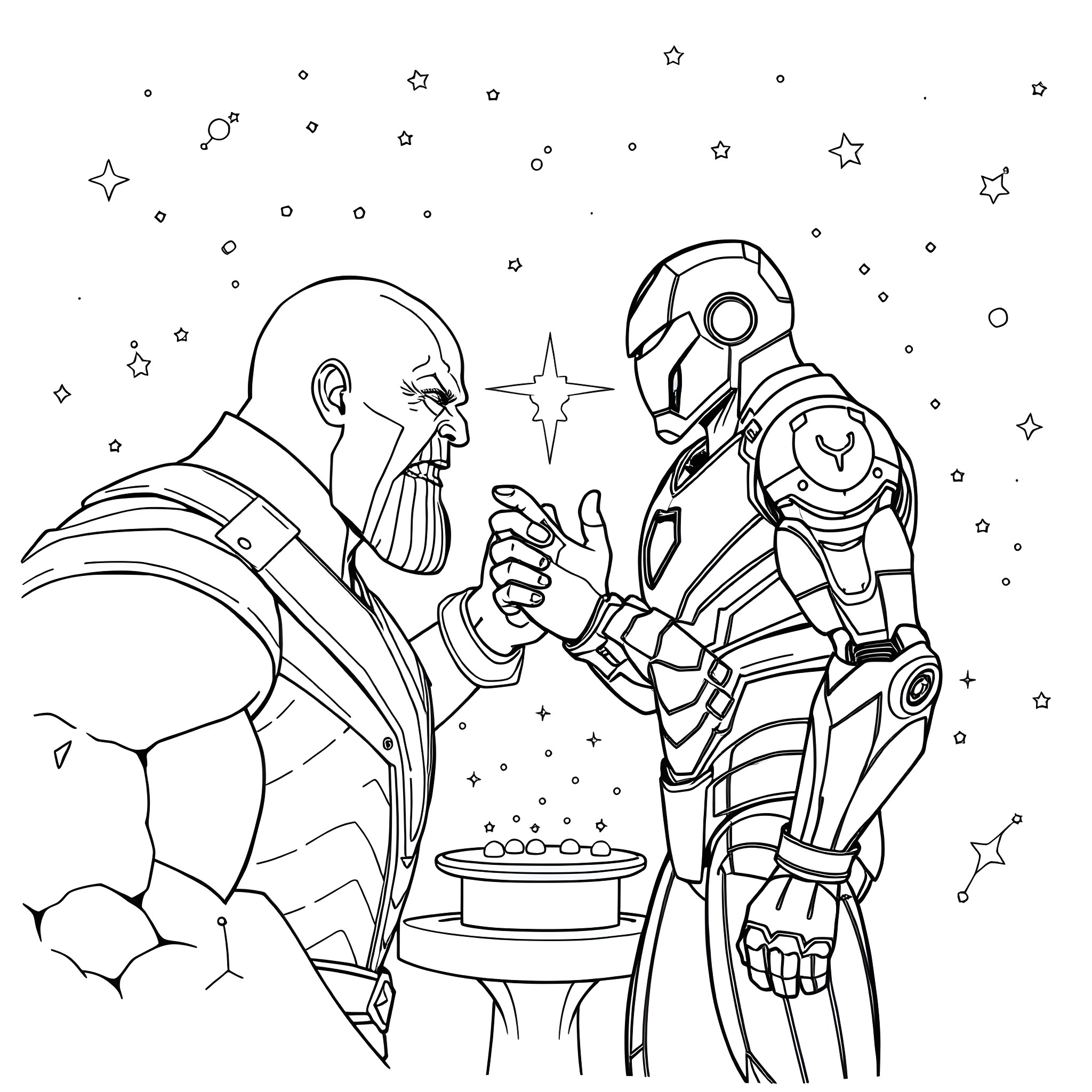 Thanos and Iron Man in galactic confrontation Coloring Page (free black-and-white line drawing printable PDF for all, from beginners to advanced learners, including children, teens, adults, and seniors)