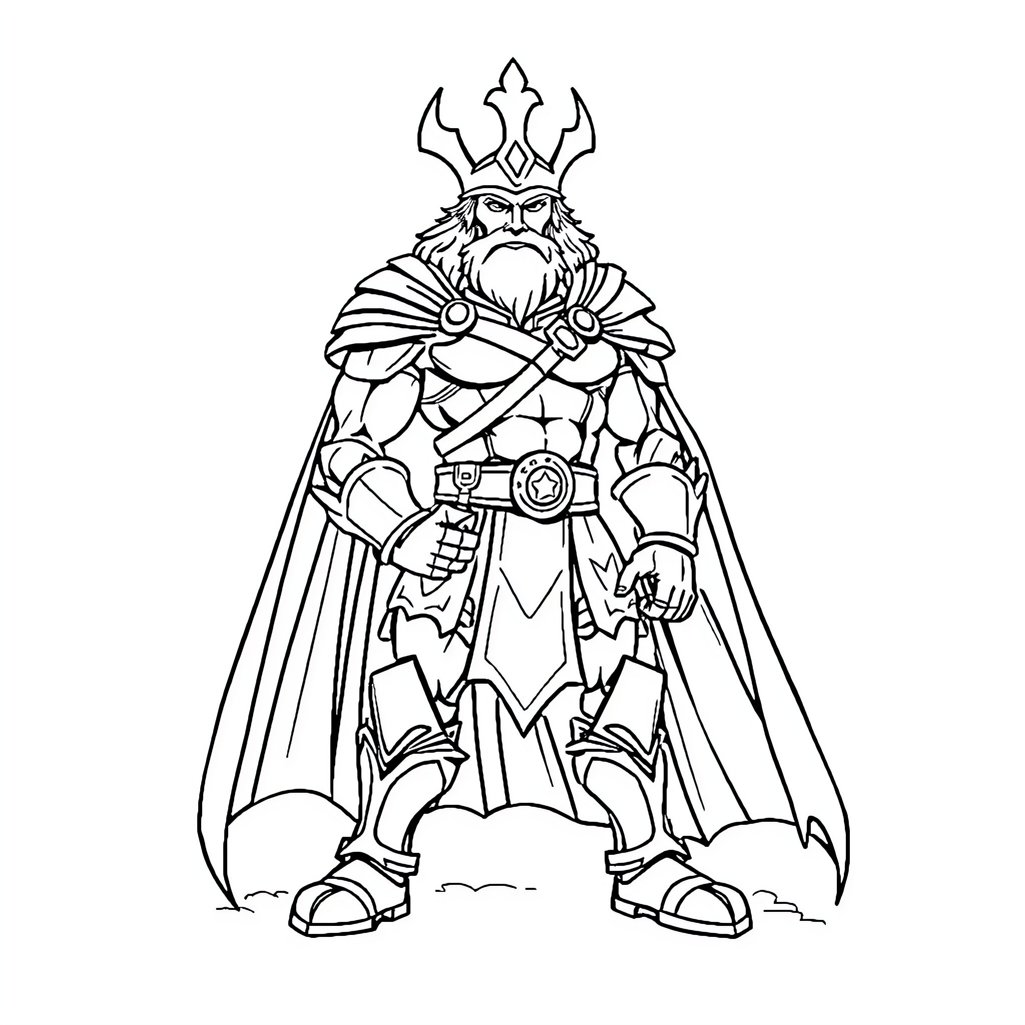Beaver warrior wielding magical staff and cloak Coloring Page (free black-and-white line drawing printable PDF for all, from beginners to advanced learners, including children, teens, adults, and seniors)