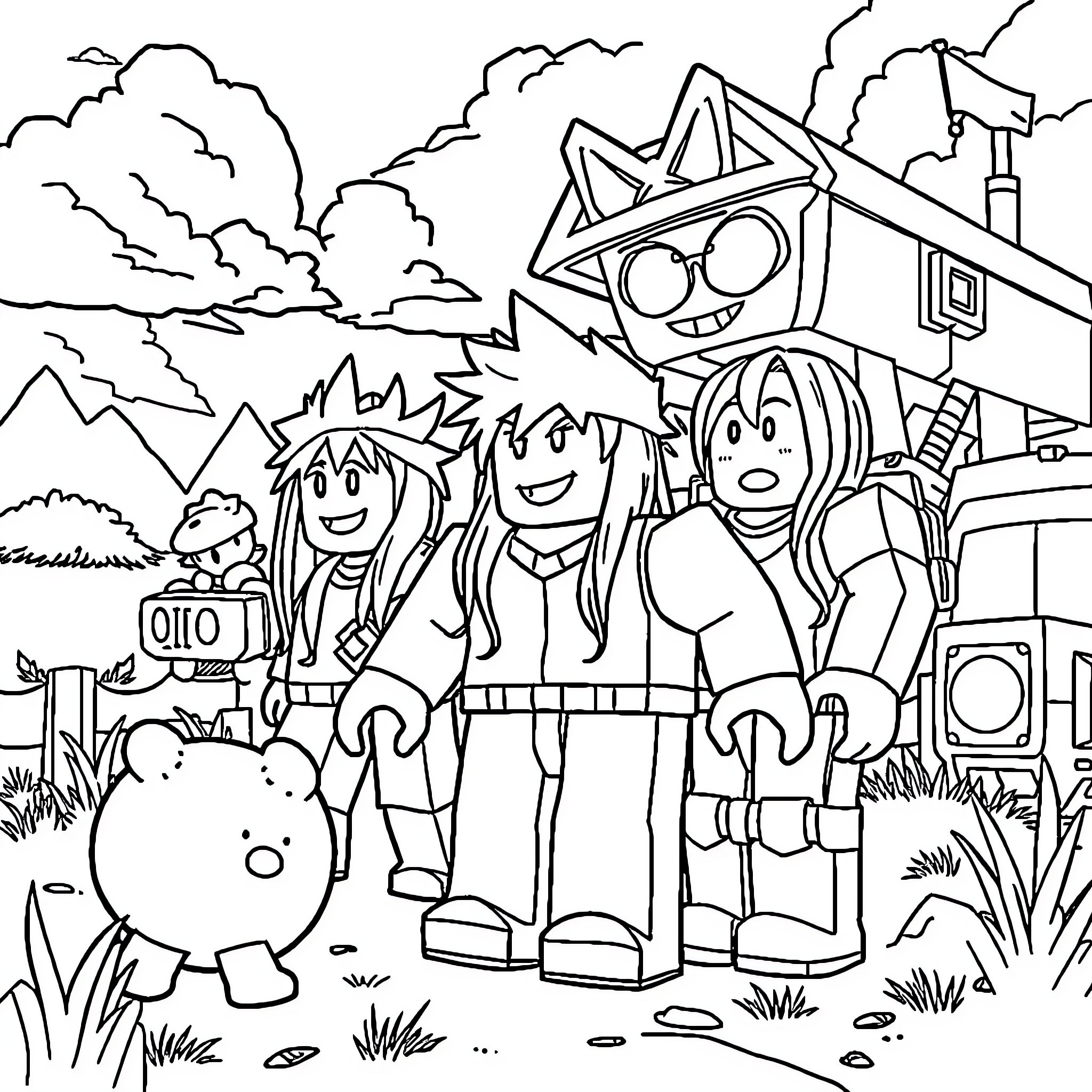Roblox Characters Exploring the Outdoors Coloring Page (free black-and-white line drawing printable PDF for all, from beginners to advanced learners, including children, teens, adults, and seniors)