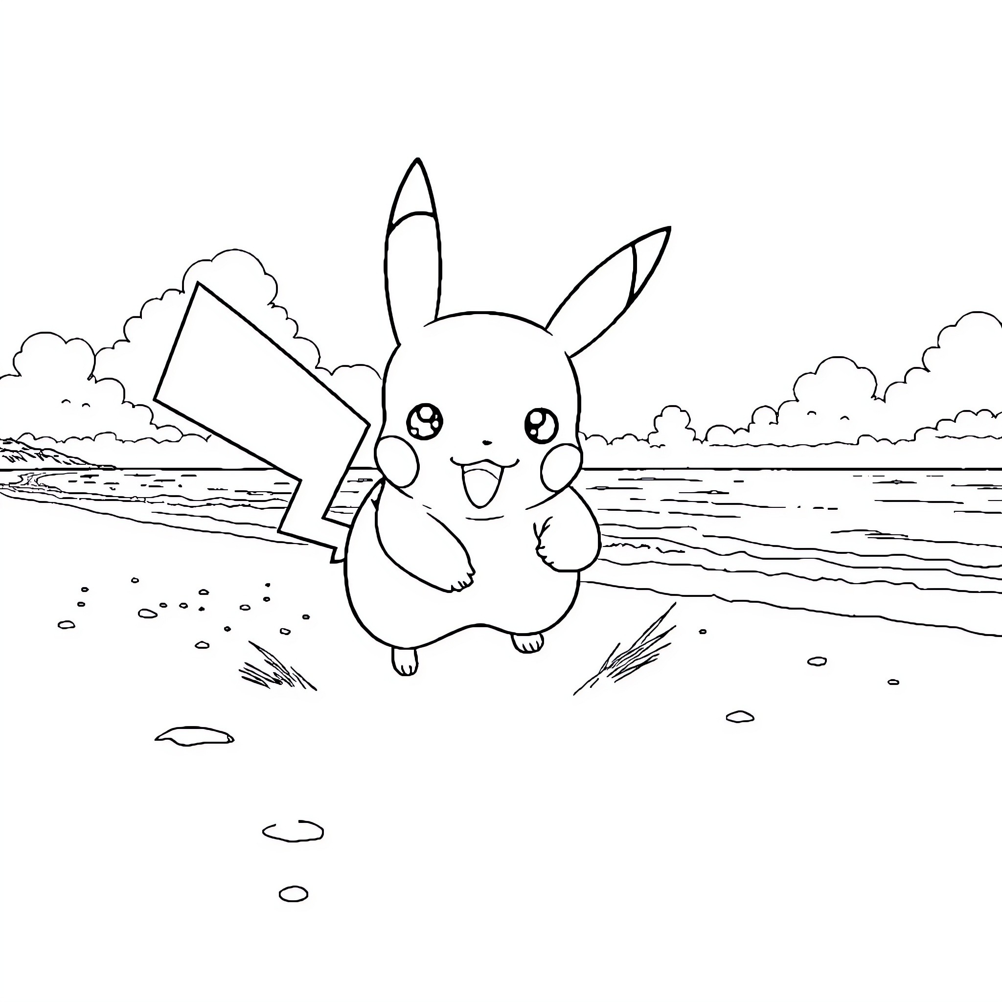 Pikachu enjoying a day at the beach Coloring Page (free black-and-white line drawing printable PDF for all, from beginners to advanced learners, including children, teens, adults, and seniors)