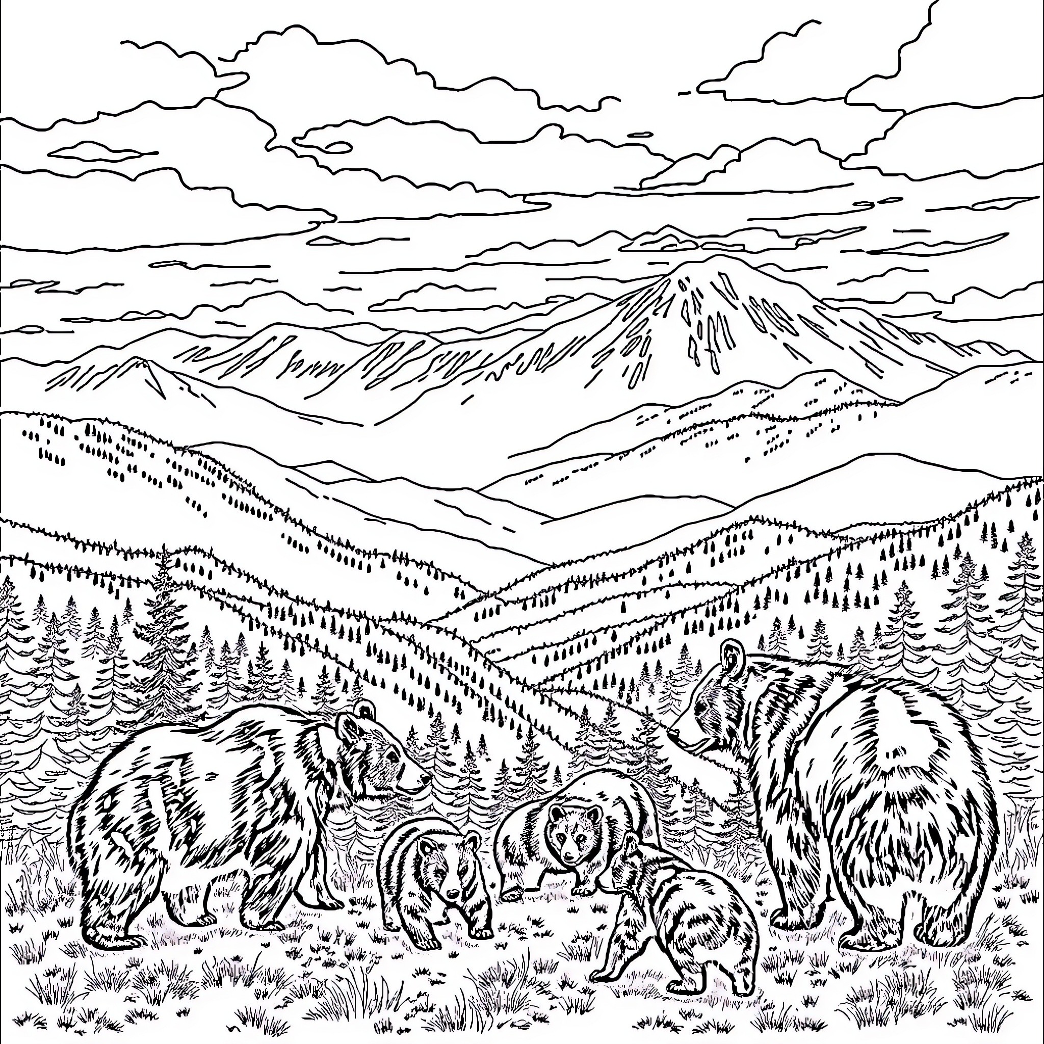 Bear Family Exploring the Rugged Wilderness Coloring Page (free black-and-white line drawing printable PDF for all, from beginners to advanced learners, including children, teens, adults, and seniors)
