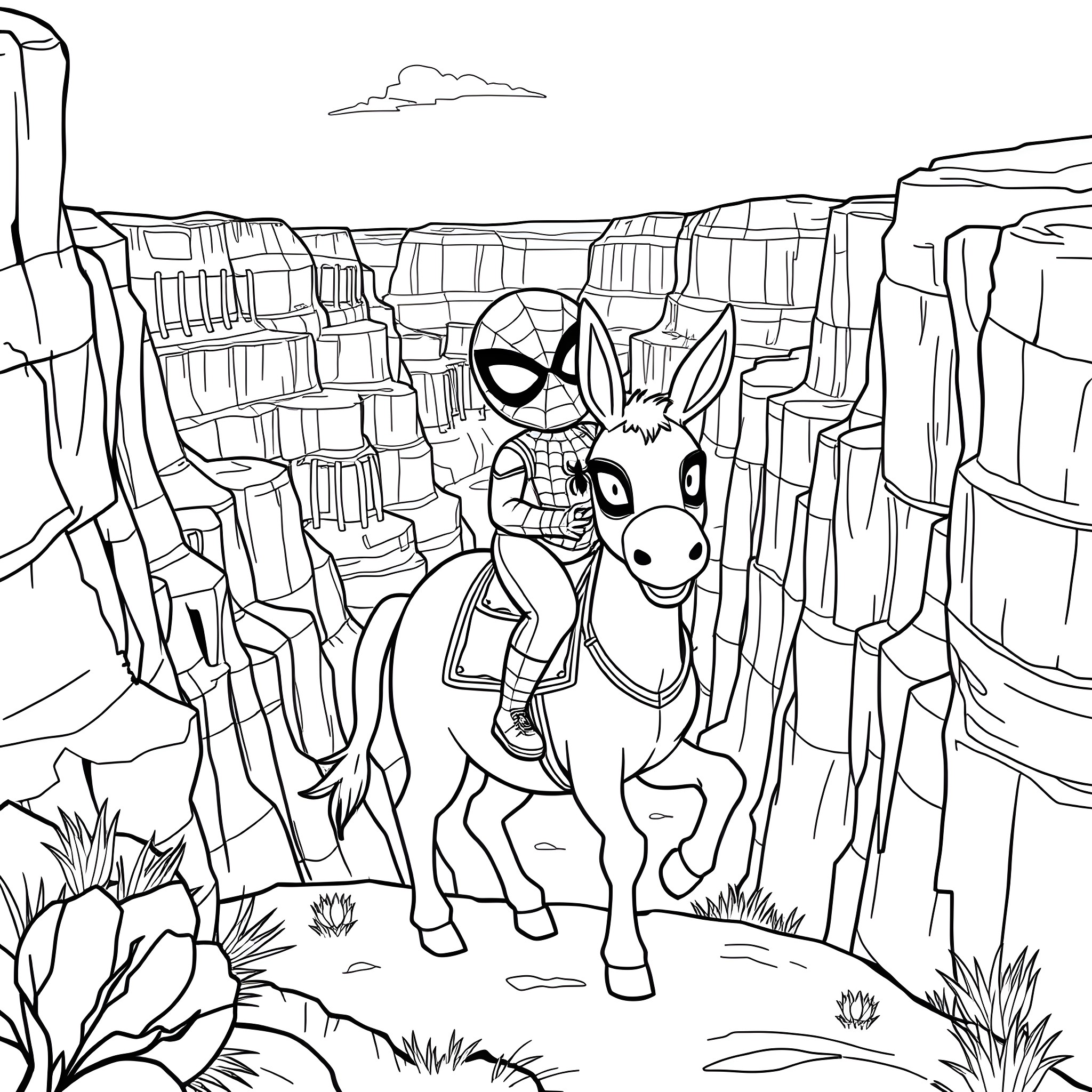 Baby Spiderman riding a donkey through a desert landscape Coloring Page (free black-and-white line drawing printable PDF for all, from beginners to advanced learners, including children, teens, adults, and seniors)