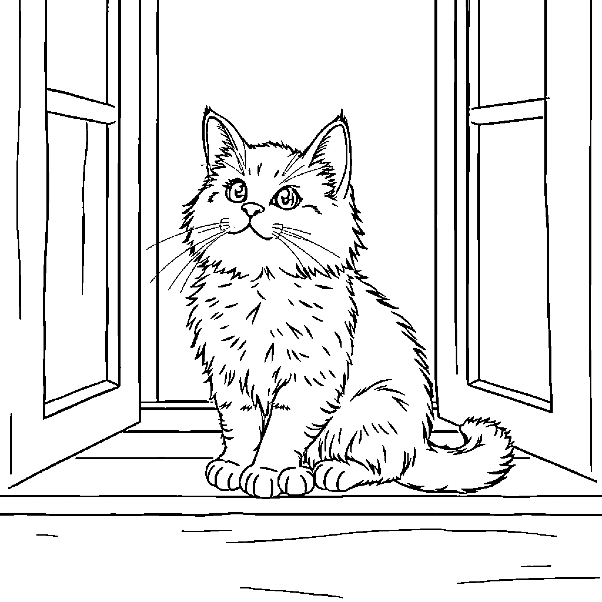 Cat sitting by the window Coloring Page (free black-and-white line drawing printable PDF for all, from beginners to advanced learners, including children, teens, adults, and seniors)