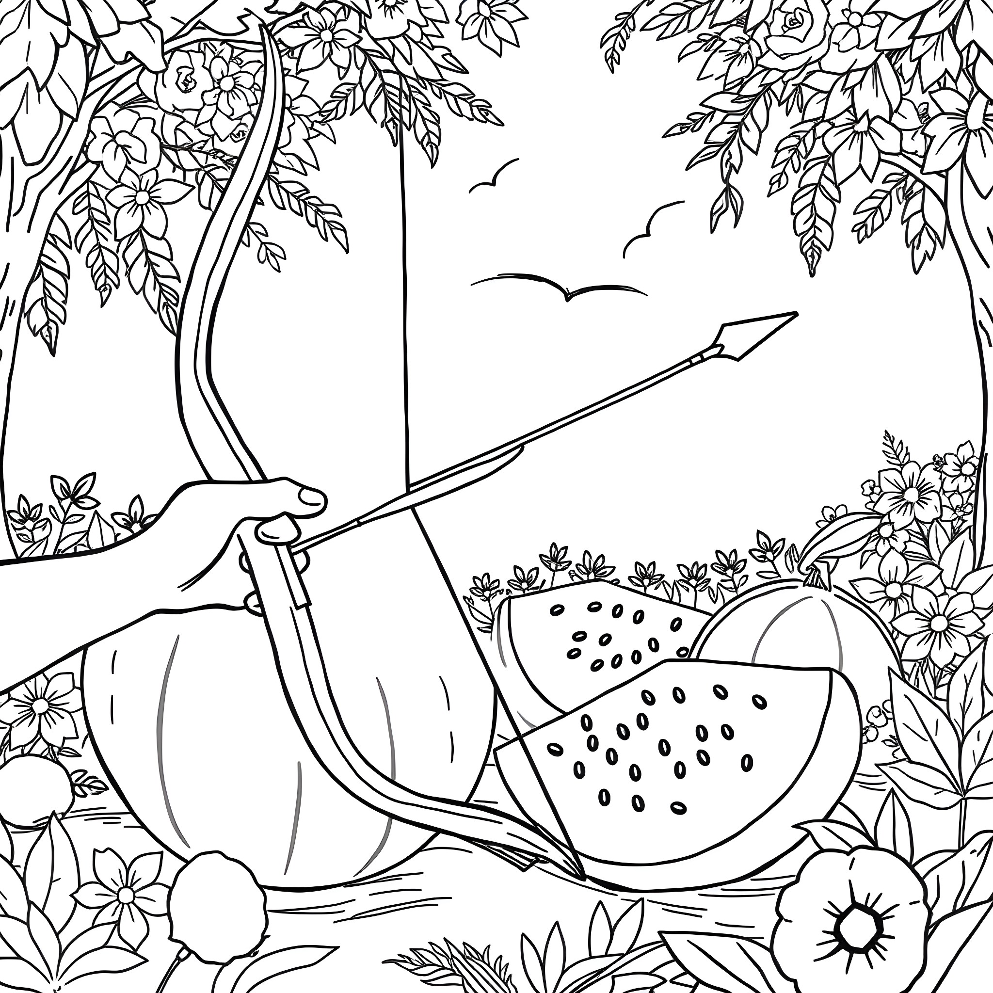 Watermelon garden picnic scene Coloring Page (free black-and-white line drawing printable PDF for all, from beginners to advanced learners, including children, teens, adults, and seniors)