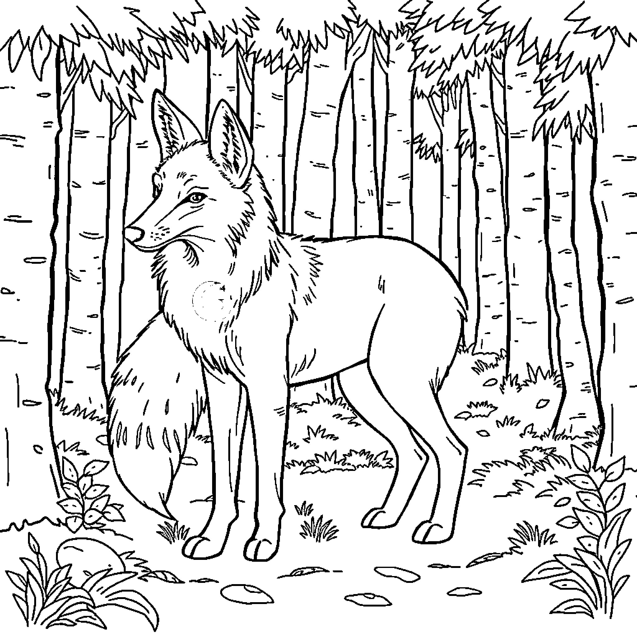 Fox exploring the enchanted forest Coloring Page (free black-and-white line drawing printable PDF for all, from beginners to advanced learners, including children, teens, adults, and seniors)