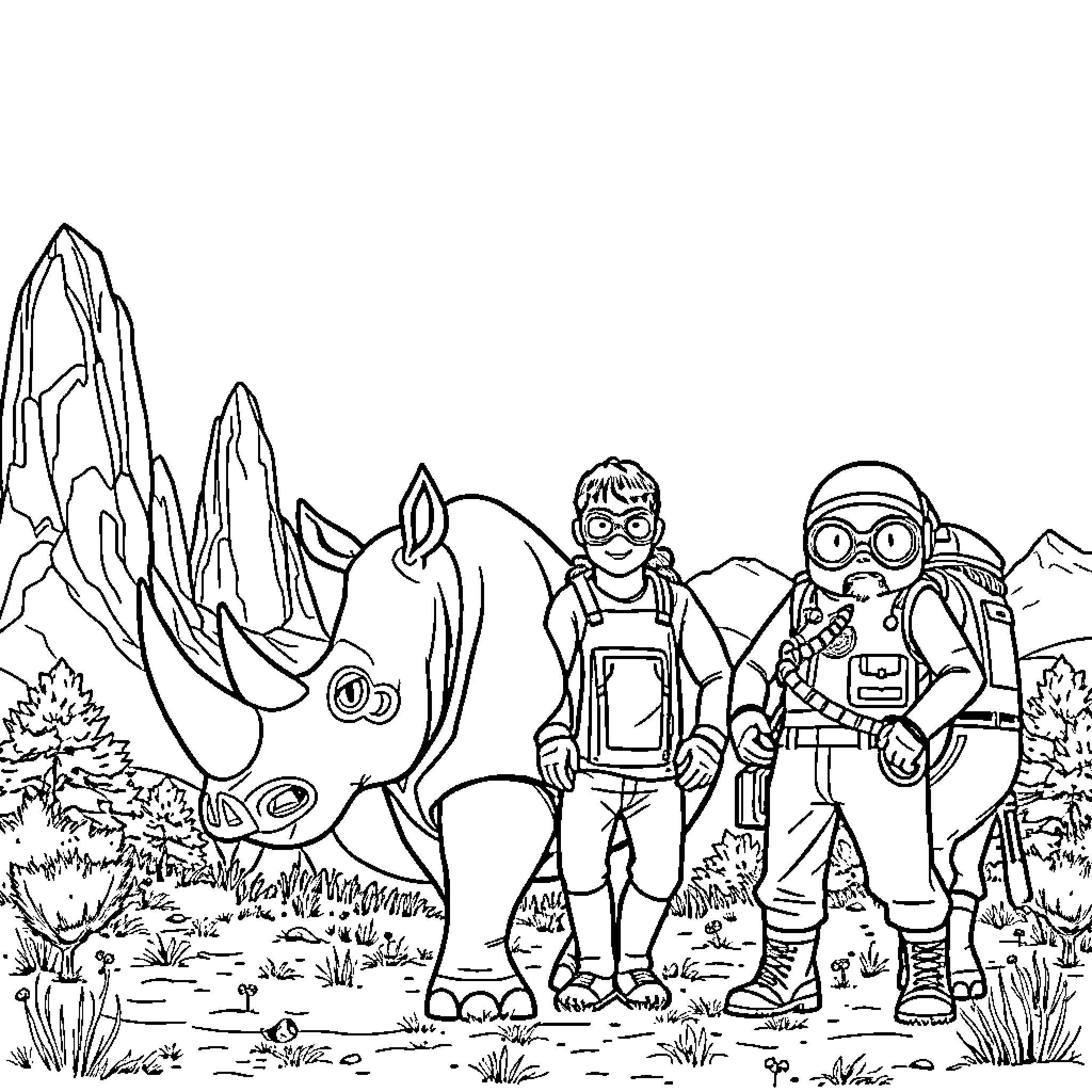 Rhino and explorers in the wilderness Coloring Page (free black-and-white line drawing printable PDF for all, from beginners to advanced learners, including children, teens, adults, and seniors)