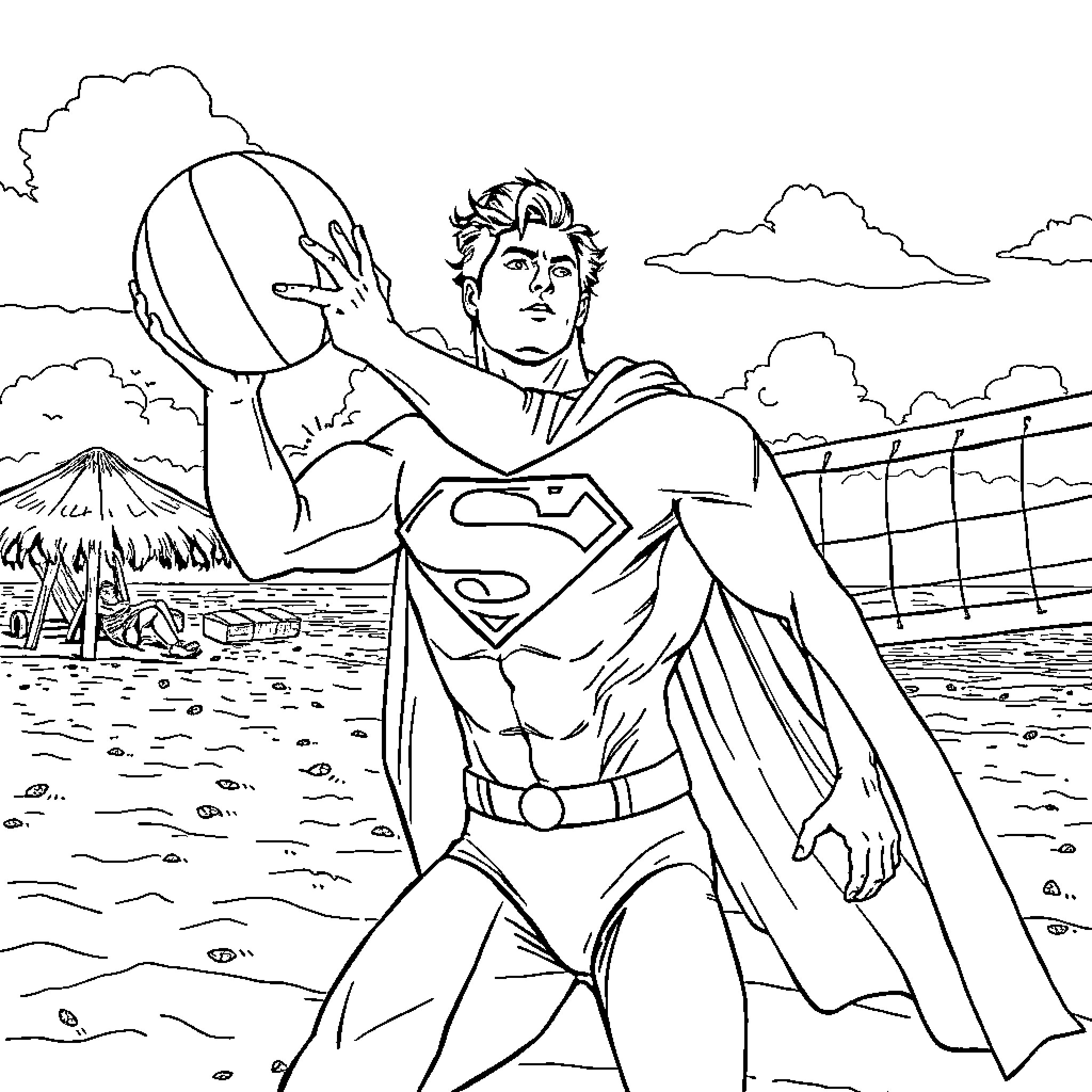 Superman heroically saves the day in a coastal scene Coloring Page (free black-and-white line drawing printable PDF for all, from beginners to advanced learners, including children, teens, adults, and seniors)